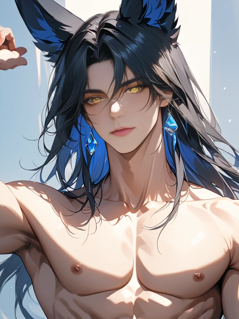(man:1.5),1 man,male, muscle, (1boy:1.3), muscle, pectoral, muscular,Mature man,
panther man from ancient Egypt,(((panther man,panther male warrior,panther-man))),(macho man:1.2),
(((panther ears,panther ears on head,big panther ears))),(large pectoral:1.4,),(((absurdly long unkept hair,dark hair,black hair,very long hair,voluminous hair,Thick hair,Dense hair,long hair,colored inner hair))),(((blue_eyes:1.3))),intricate eyes,beautiful detailed eyes,symmetrical eyes,(((lustrous skin:1.5,tanned skin,bright skin: 1.5,skin tanned,shiny skin,very shiny skin,shiny body))),((exaggerated muscles,exaggerated shoulders,very muscular and huge)),man chest,handsome face,((((muscular,hairy body,muscular man,tall,big biceps,abs,big thighs,broad shoulders,open chest)))),(((detailed face))),(((square jaw))),(ABS)
,(huge stature,tall stature),
barbarian,viking,nsfw,
(((bare chest,shirtless))),((bulge in loincloth)),(wearing a barbarian outfit:1.3,barbarian clothes),((furry fur on his shoulders)), ((((blue war paint all over his body)))),((wet clothes,intricate outfit,intricate clothes)),tribal,
dynamic pose,looking at viewer,angry,centered,scale to fit dimensions,Rule of thirds,
outdoors,overgrown,(overgrown background,glowing crystals,bioluminescent plant),scenery,extremely scenery,(((glowing crystals,bioluminescent plants))),(puddles everywhere,moss,moss on the background),clouds,lily pads,palms,reeds,(sunset, golden hour),
(Glossy Egyptian ornaments),highres,sharp focus,(ultra detailed,extremely detailed),(photorealistic artwork:1.37),(extremely detailed CG unity 8k wallpaper),(((vibrant colors,vibrant theme))),(intricate),(masterpiece),(best quality),artistic photography,(photography taken by sldr),(intricate background),perfect rendered face,perfect face details,realistic face,photo realistic,((intricate detail)),(((realism))),