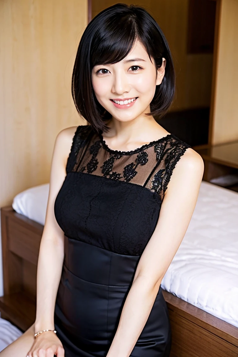 masterpiece, Best quality, Skinny Japanese woman, 40 years old, sexy nightwear, on the bed in a hotel room, correct body structure, slight smile, perfect face, detailed face, detailed eyes