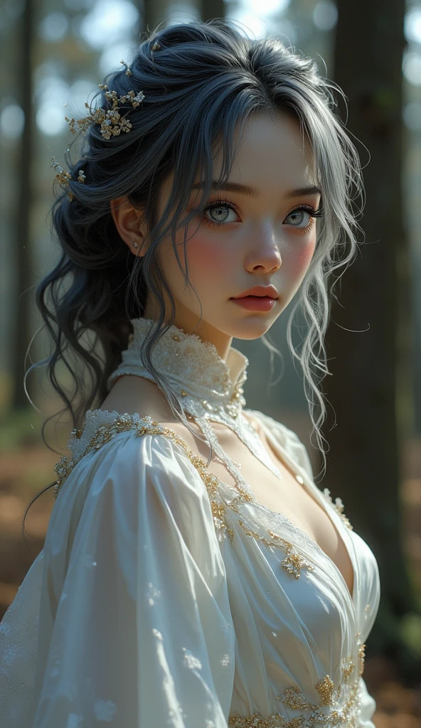 RAW photo, photography, photorealistic, 8k vibrant photograph of woman in nature, ultra detail, finely detailed, dramatic light, finely detailed beautiful eyes, detailed skin, depth of field, grey eyes