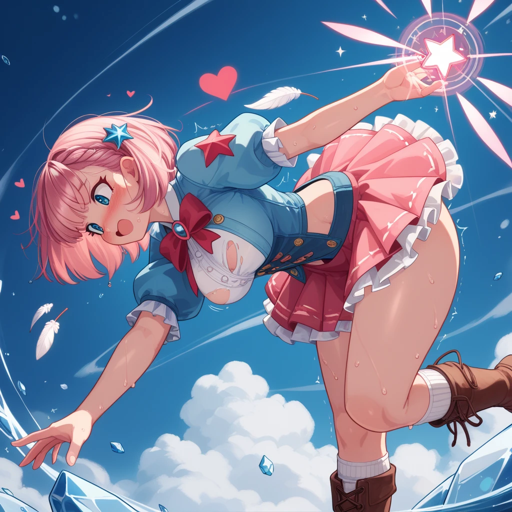 (masutepiece), (Best Quality), (Ultra-delicate image quality)、High resolution、(disheveled hair),(Illustration), (1girl in),(10yaers old,child),Japnese idol,Smile, (magical little girl),(affect),(Open chest:1.5),Fashion Model, Looking at Viewer, (interview),magic wands, (Magic City),Beautiful detailed eyes, Delicate beautiful face, floating,(High color saturation),(Colorful splashes),(Shining), Focus on Face,Ahoge, kamisato ayaka, Light pink hair, hair rings,Short hair, (Shining), The best lighting, Best Shadow、(Cameltoe:1.7)、、(life-likeオマンコThe shape of the:1.5),Bald legs、(White panties),(The nipple is visible:1.4),(is open:1.6)、(breasts are small:1.5)