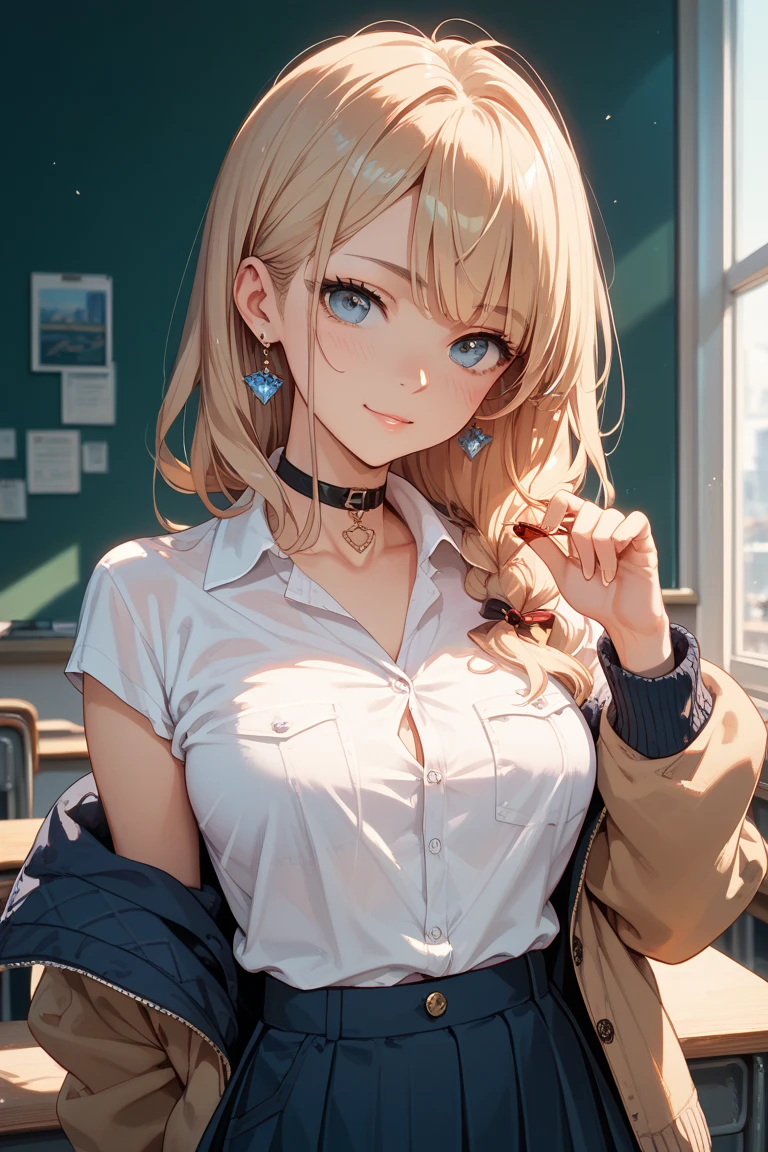 hoang lap, ultra - detailed,The color is bright,(8K:1.3),Masseter muscle film,Extremely beautiful and detailed face and eyes, 25 age old,(校服:1.2), (The girls:1.2), (white shirt:1.3), (Wrap a beige cardigan around your waist:1.3), ((Chopping, Unbuttoned):1.2), (Plaid pleated skirt:1.2), (choker necklace,colorful bracelet,X-Hair,extreme light、city light、constellation、New Moon,Interstellar,lamp post, light particules, longer sleeves, milky ways, natta, nigh sky, outside of house, planetes, power lines, meteors, Skysky, skyscrapper, report、As estrelasgazing,As estrelas_\(Skysky\)、starrysky、Winters、(Smooth blonde hair:1.3), (shinny hair:1.2), exquisite and beautiful face, Red blush、dark strong blue eye, happy smiley face,小choker necklace,(cow boy shot)