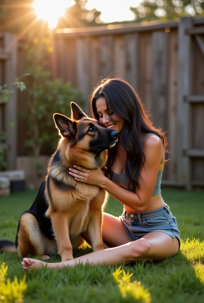 naked 50 year old brunette on her hands and knees in a barn, there is a german shepherd mounted on top of the brunette and is fucking the brunette, the brunette has an orgasm expression on her face