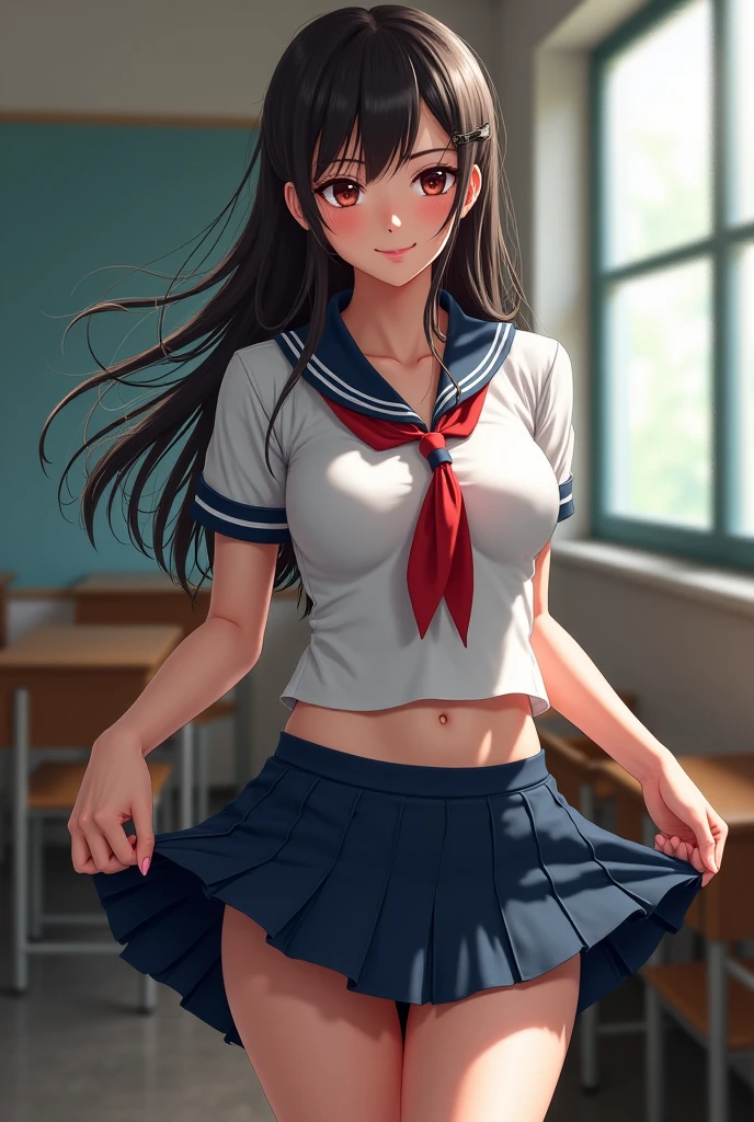 a girl showing her bare ass in the skirt and the tie is up, One girl, alone, skirt, underwear, panties, tie, smile, Twin tails, Garment Lift, shirt, View Viewer, Wet, belly button, skirt lift, pleated skirt, blush, white shirt, Camel Toe, , Black Hair, Wet clothes, Grin, teeth, Lifted it himself, pink panties