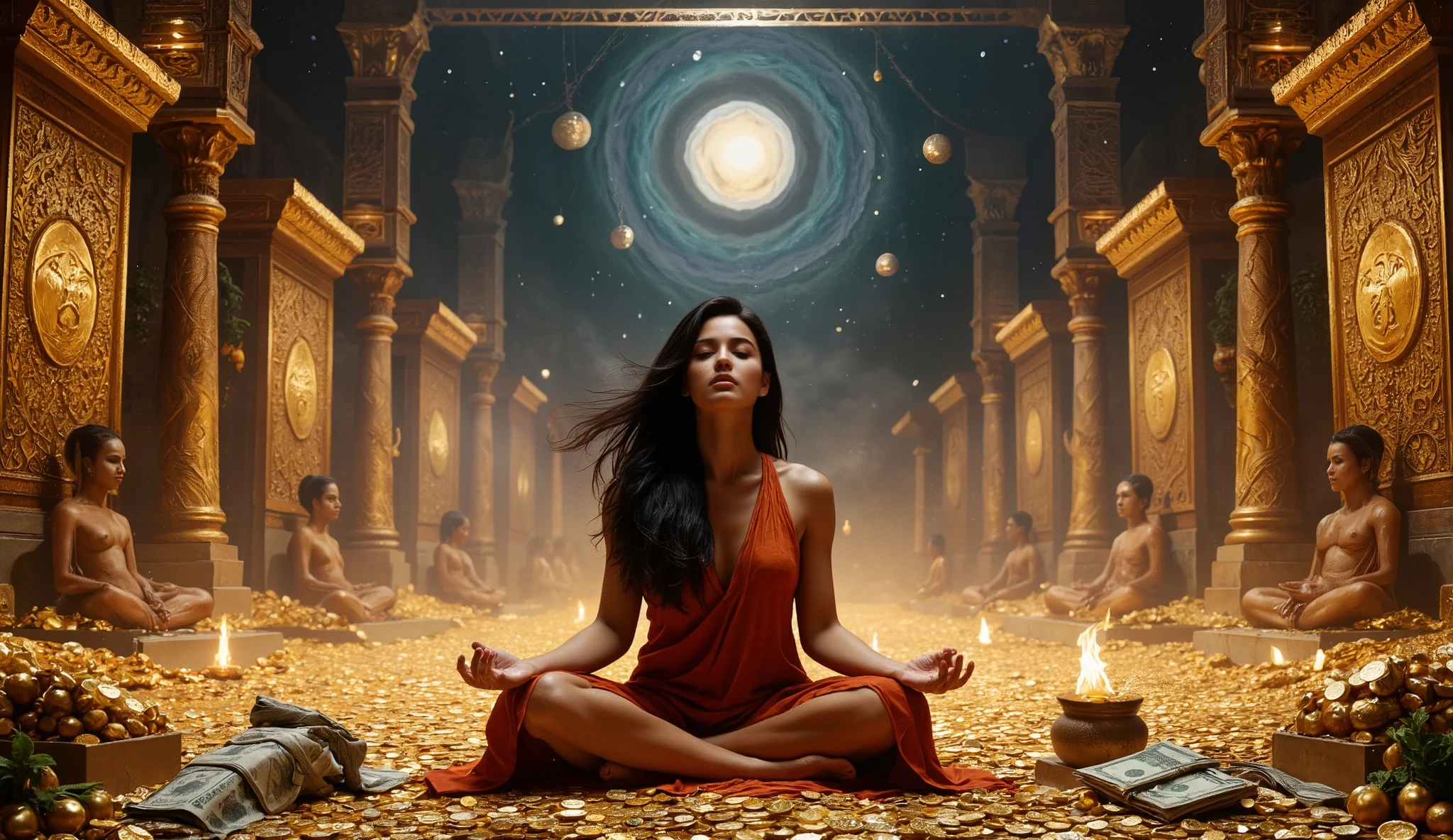A woman with black hair, around 30 years old, meditating in a temple full of gold coins and money , with a galaxy in the background