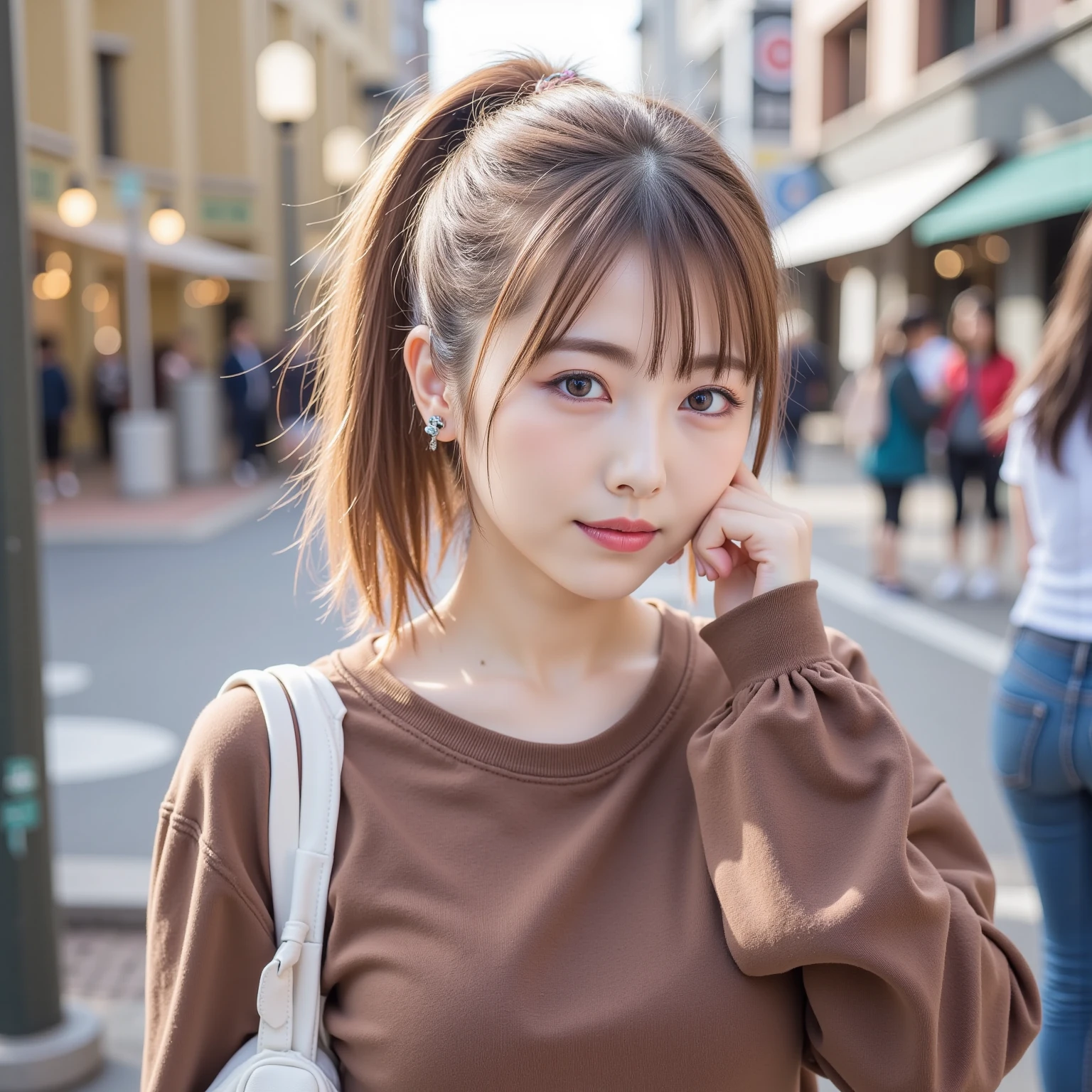 (Best image quality,4K,8k,High Resolution,Masseter muscle area:1.2),Ultra-fine,(Realistic,Photorealistic,Photorealistic:1.37),Portrait,Background of walking around the city,Hair detailed,Face detailed,detailed,Laughter,Beautiful Faces,cute、ponytail,brown hair,Big ribbon,Bright colors,Soft lighting、Cute clothes、