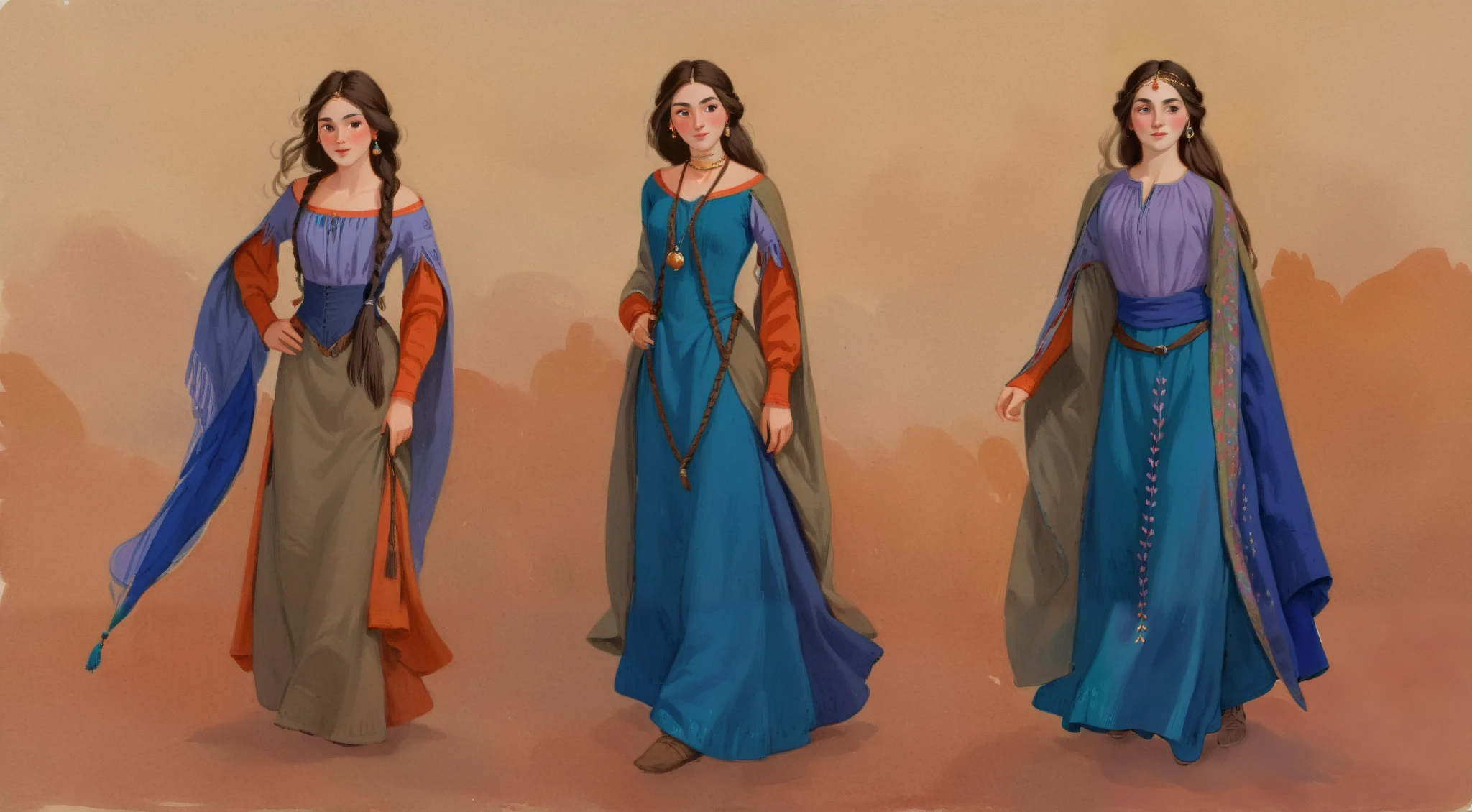 score_9, score_8_up, score_7_up, score_6_up, score_5_up, score_4_up, 1_woman, brow hair, long_hair, wearing a vibrant long peasant medieval dress, detailed clothing, sketches, detailed thick gouache painting, illustration, in gougoupaintleaves style:1.5,