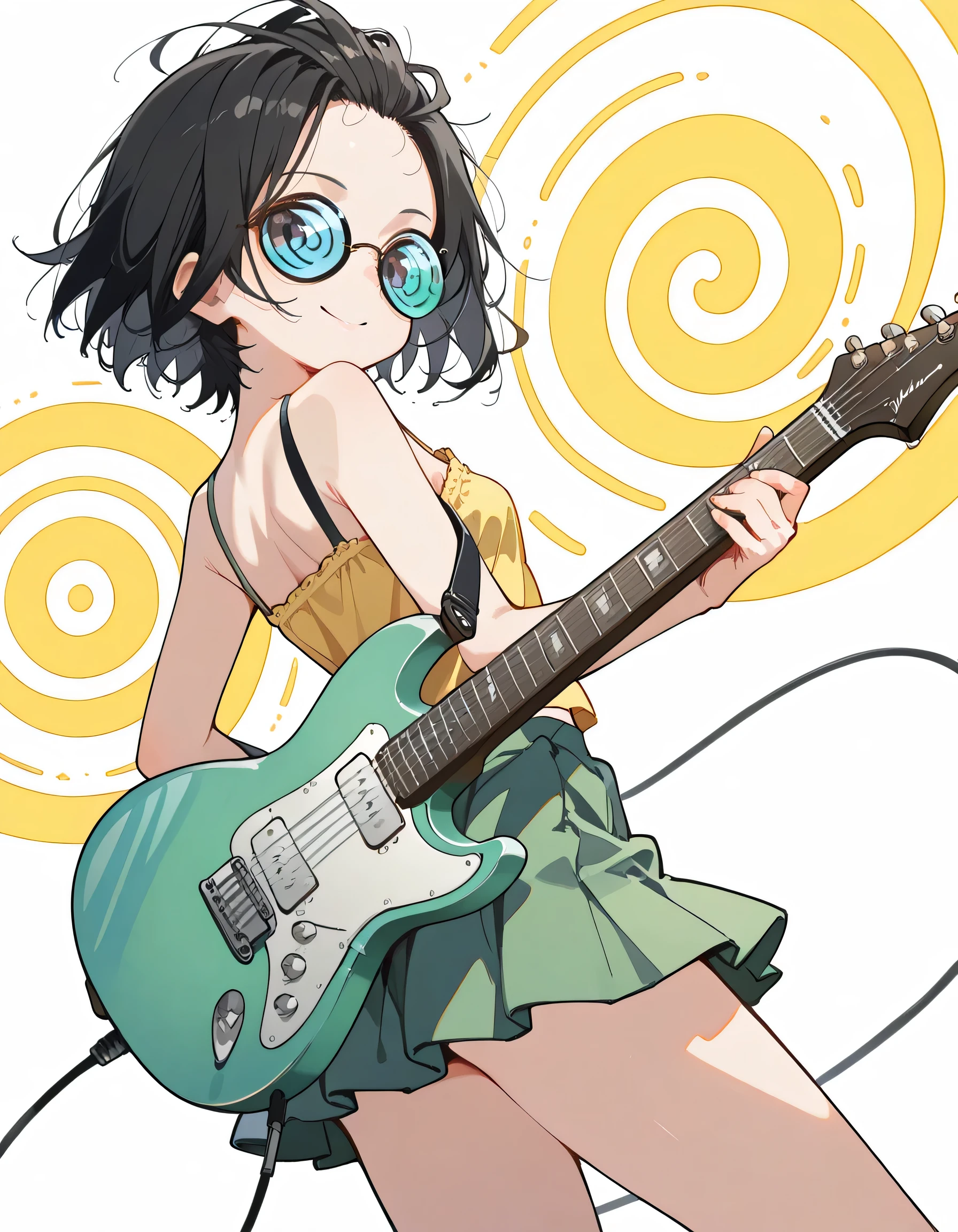 (dynamic angle,dynamic pose),from behind+,looking at viewer,pride,solo,14years old,black short hair,forehead,spiral glasses,looking away:1.3,smile,natural cosmetic,sexy slim,feminine,flat breasts,yellow girls band camisole,rime green praid mini skirt, electric guitar,absolute area:1.3,lineart+,vivid flat color background,manga style,illustration,memorial shot,nostalsic scene