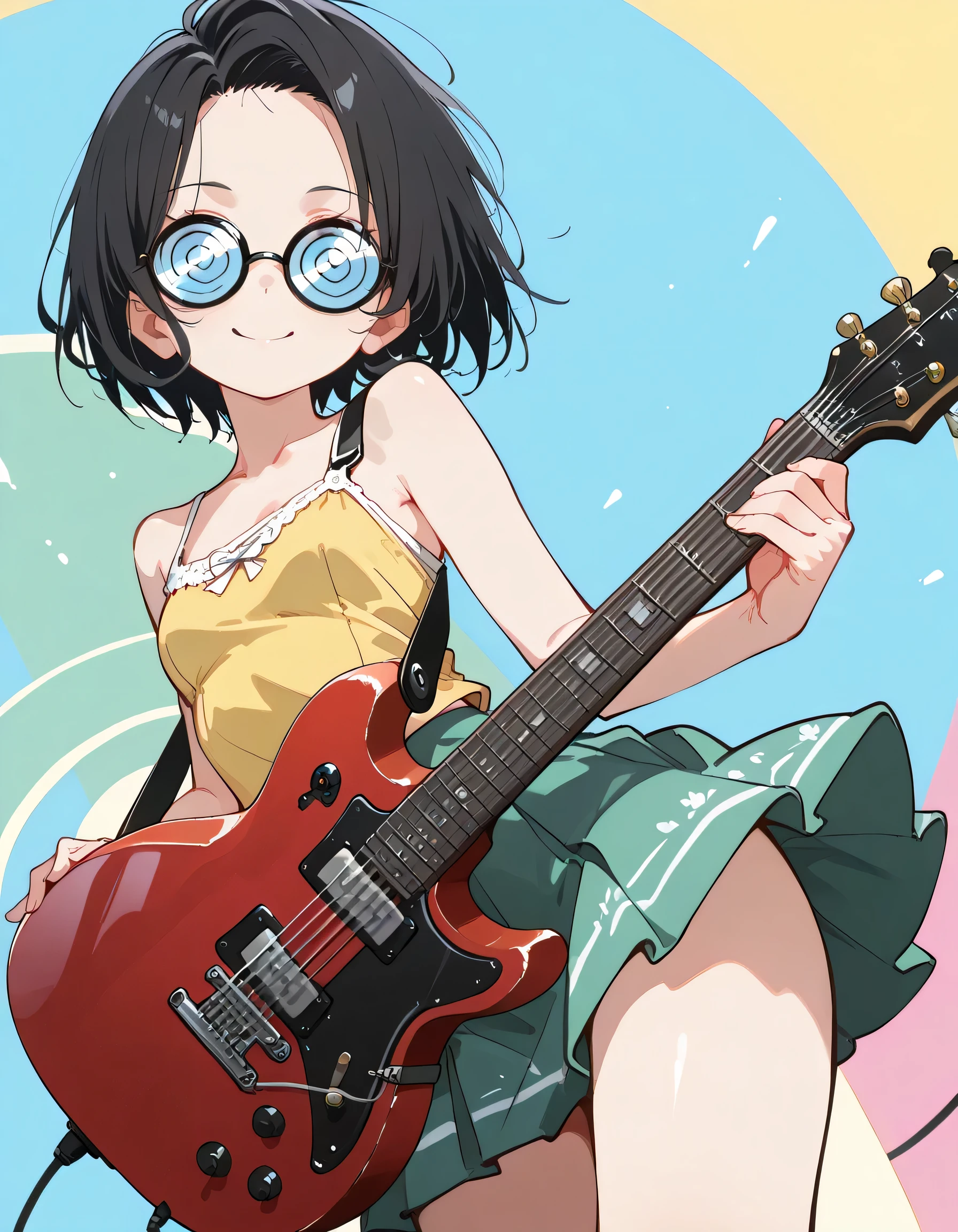 (dynamic angle,dynamic pose),from behind+,looking at viewer,pride,solo,14years old,black short hair,forehead,spiral glasses,looking away:1.3,smile,natural cosmetic,sexy slim,feminine,flat breasts,yellow girls band camisole,rime green praid mini skirt, electric guitar,absolute area:1.3,lineart+,vivid flat color background,manga style,illustration,memorial shot,nostalsic scene