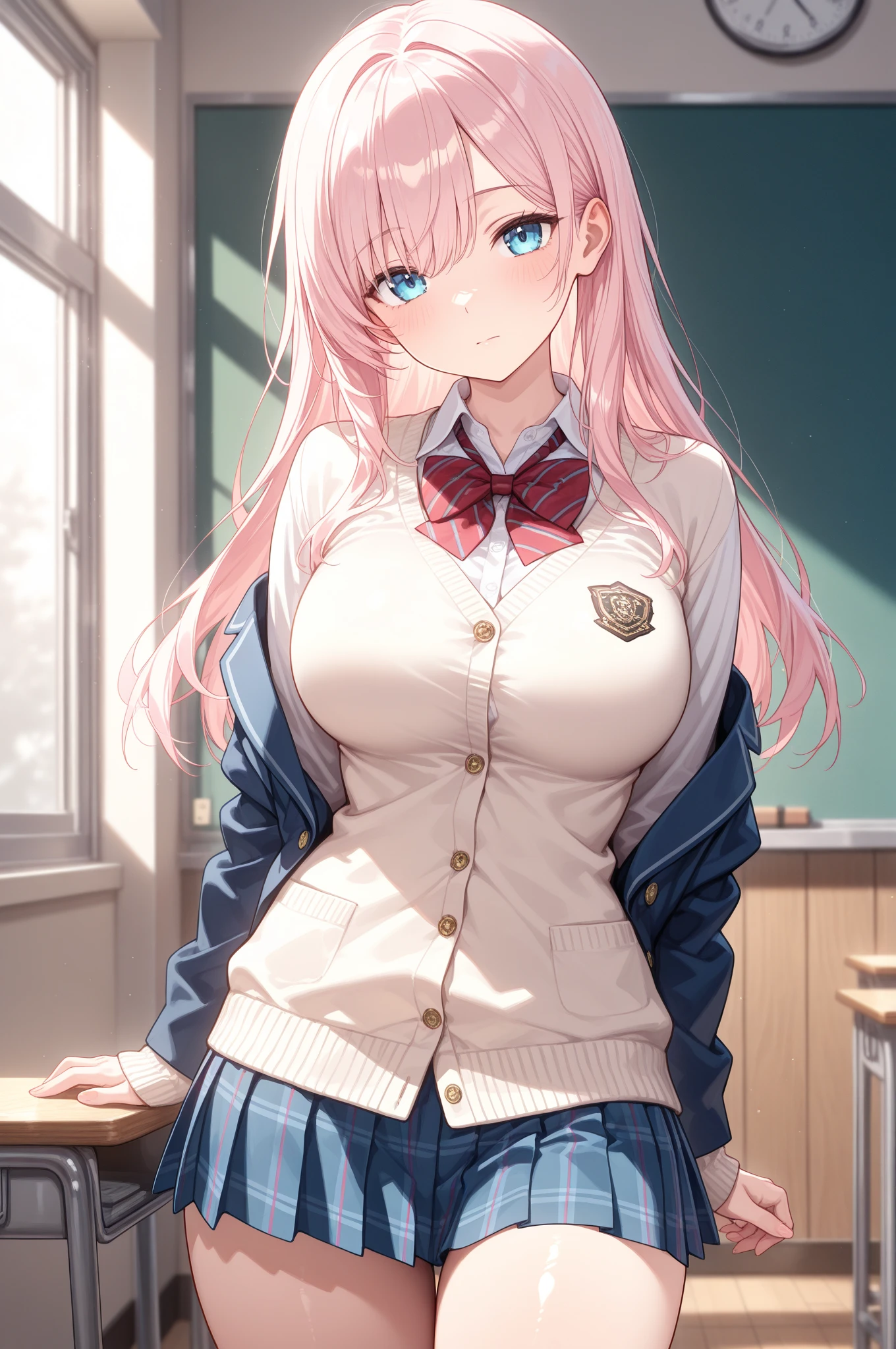 (best quality, ultra-detailed, photorealistic: 1.39), bright and vibrant colors, studio lighting, romantic expression, An effeminate girl, with a delicate and beautiful face. has a thin body, but well designed, your skin is white and very pale. her hair is pink, likes to wear makeup, ((Wear a black choker)), outfit emocore, schoolgirl long sleeve blouse, schoolgirl pleated skirt