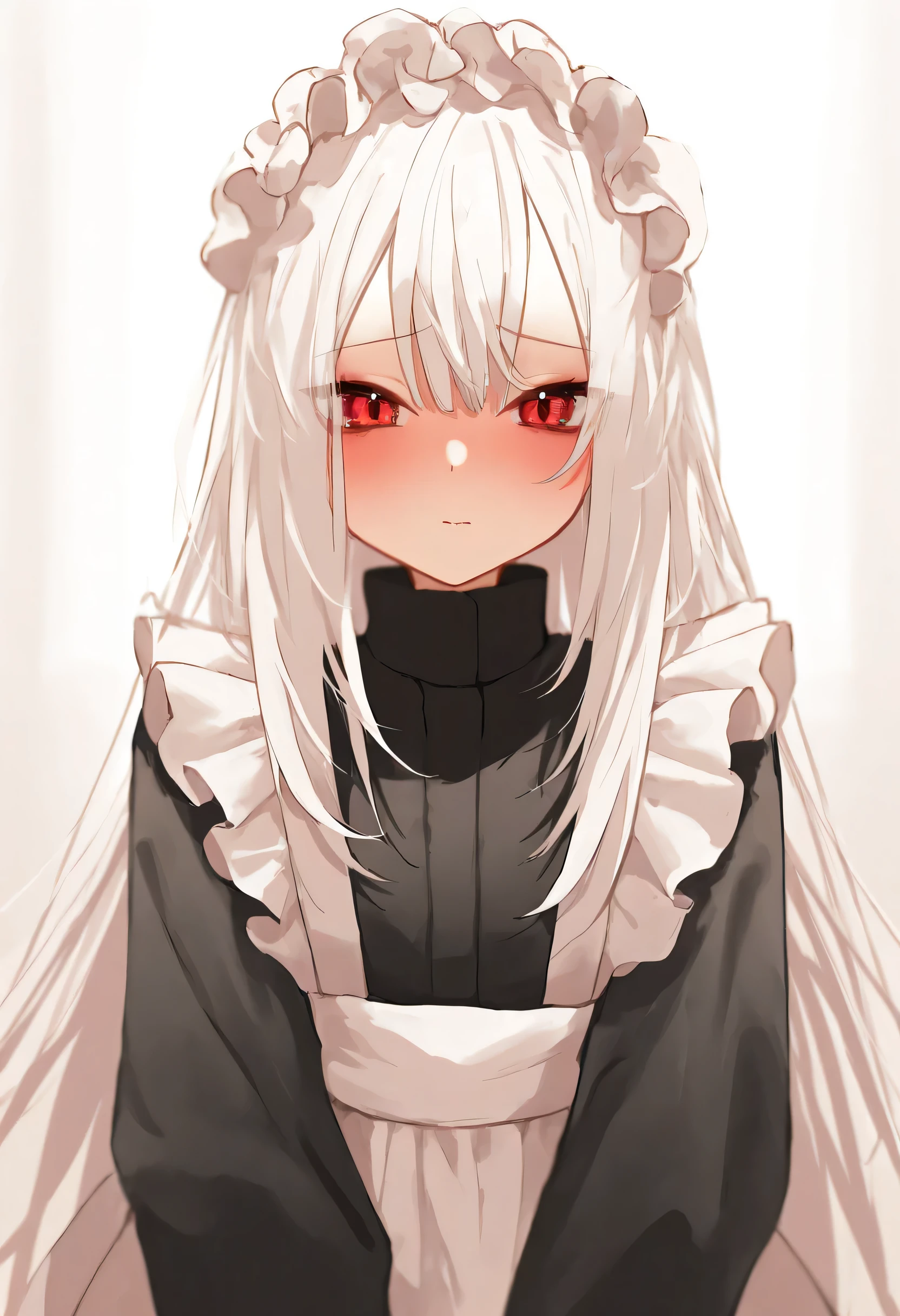 aruhshura, detailed eyes, fluffy white hair, shoulder-length hair, red eyes, maid outfit, blushing, cute expression, looking at viewer, frilly maid headdress, soft lighting, detailed clothing, warm atmosphere