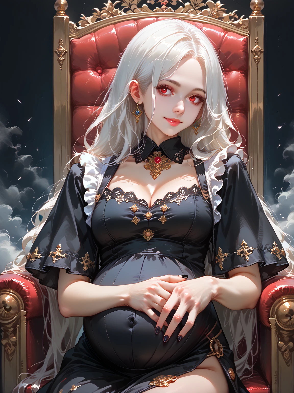 Best quality, highly detailed, masterpiece, super detailed, (realism: 1.2), 1 girl, (white background), simple background, delicate eyes, silver hair, purple eyes, hair_ornament, (white off-the-shoulder shirt: 1.3), long hair, pointed ears, crown braids, expressionless face, straight hair, (++ sitting: 1.2), big breasts, --auto