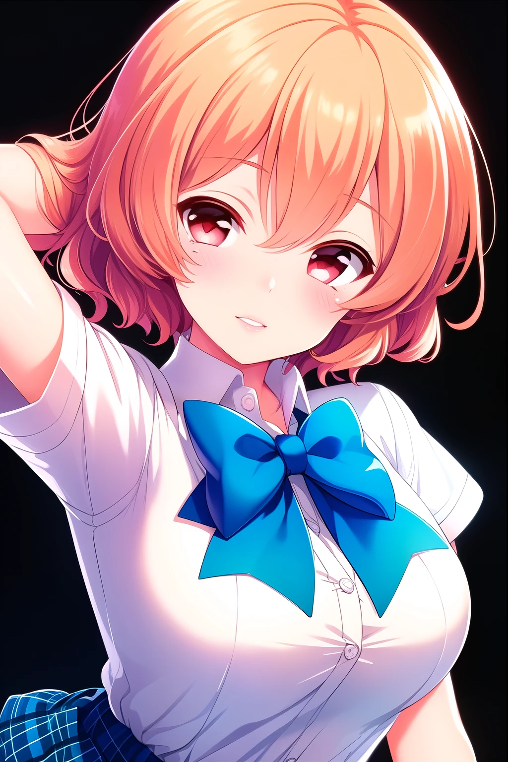 ( masterpiece, Best Quality), very detailed background, perfect lightingBest Quality, (upper body close-up angle:1.8), (arms behind head:1.6), Tomura Michiru, Alone, indoors, school classroom from below, orange hair, (One side up), ( pink hair bobble), hair between eyes, short hair, red eyes, medium boobs, (Blue Bowtie:1.3), white shirt, Short sleeve, blue skirt, plaid skirt、white thin thighs,、white knee socks, Glossy、 school uniform, laugh、blush, pink lips,