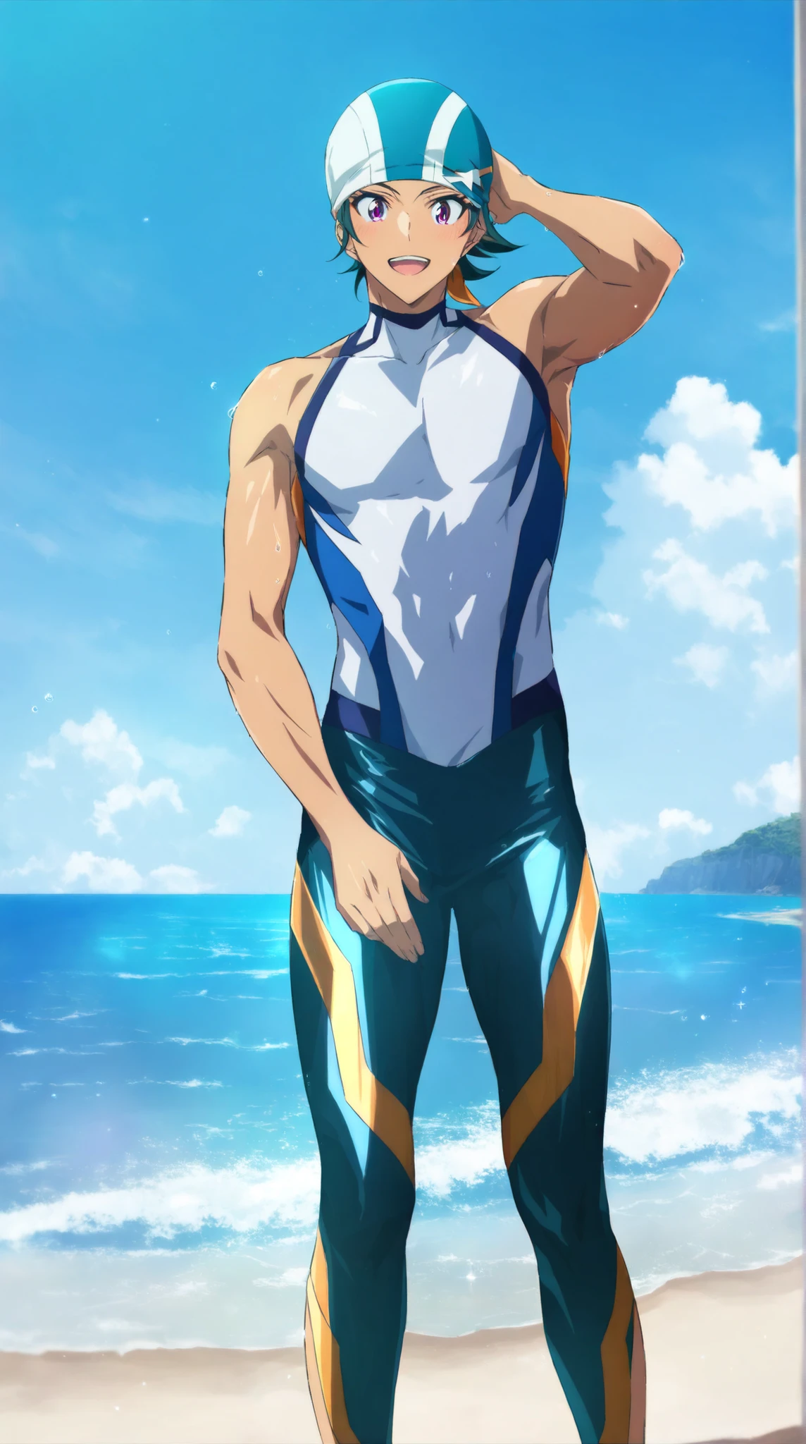 1boy\(, Kojiro Nanjo, Sk8 The Infinity, surfer, swimming cap), handsome eyes, :d, shiny diving suit, highlight muscle lines, pale skin, looking at viewer, standing). BREAK .(beach, sunset), vibrant colors, saturated colors, knee-length shot. BREAK .quality\(, masterpiece, best quality, very aesthetic, absurdres, high score, great score, high resolution, ultra-detailed, newest, scenery, depth of field\).