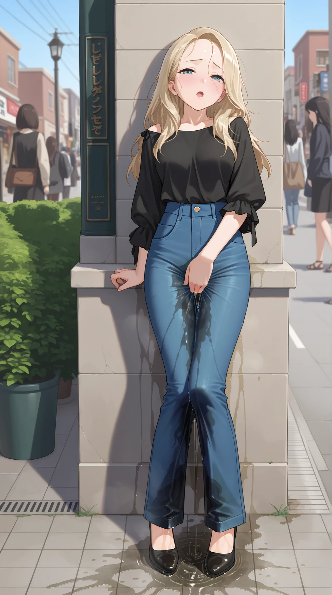 ((best quality, masterpiece:1.3, 8K)), (detailed), highly detailed face and skin texture, detailed eyes, downtown, full body, slender body, 1girl, 25 years old, white skin, blue eyes, bright lips, worried, embarrassed, blond hair, straight hair, long hair, (forehead:0.8), blue eyes, reading glasses, green sweater, jeans pants, skinny jeans, blue jeans, white sneakers, peeing jeans, peeing pants, pee stain, (wetting herself:1.5), desperation,