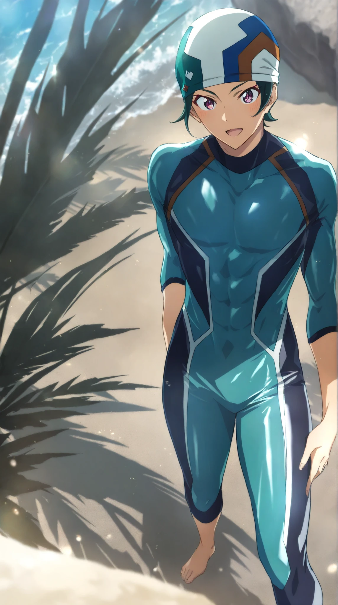 1boy\(, Kojiro Nanjo, Sk8 The Infinity, surfer, swimming cap), handsome eyes, :d, shiny diving suit, highlight muscle lines, pale skin, looking at viewer, standing). BREAK .(beach, sunset), vibrant colors, saturated colors, knee-length shot. BREAK .quality\(, masterpiece, best quality, very aesthetic, absurdres, high score, great score, high resolution, ultra-detailed, newest, scenery, depth of field\).