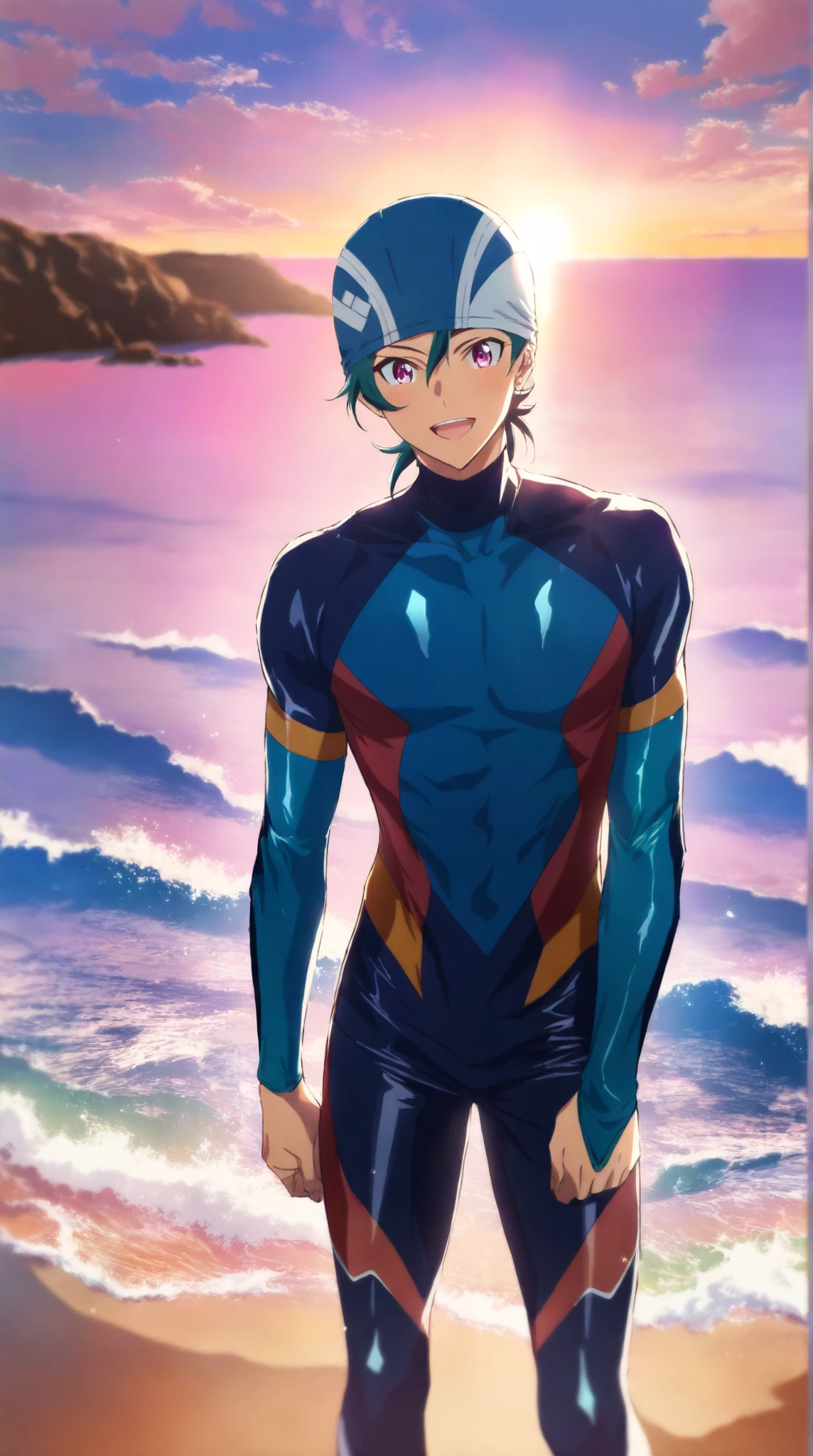 1boy\(, Kojiro Nanjo, Sk8 The Infinity, surfer, swimming cap), handsome eyes, :d, shiny diving suit, highlight muscle lines, pale skin, looking at viewer, standing). BREAK .(beach, sunset), vibrant colors, saturated colors, knee-length shot. BREAK .quality\(, masterpiece, best quality, very aesthetic, absurdres, high score, great score, high resolution, ultra-detailed, newest, scenery, depth of field\).