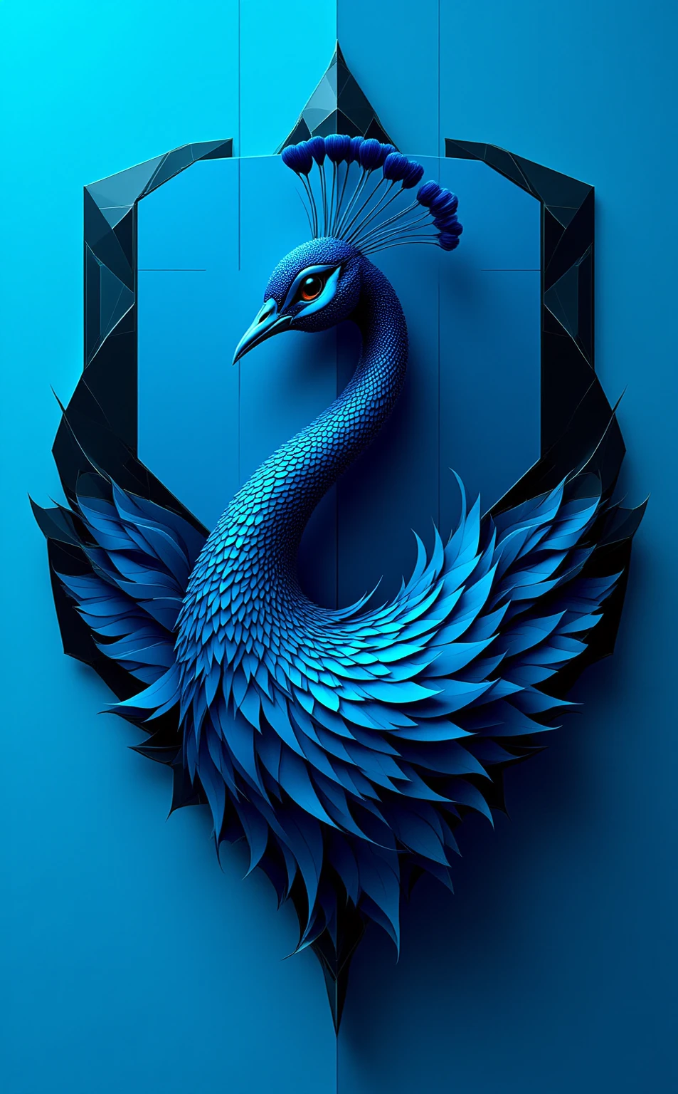 "A Parametric Minimalist interpretation of [Peacock], featuring intricate algorithmic geometries such as fractal tessellations, recursive subdivisions, and parametric equation-derived forms. Render the composition with [Neon Cyan] and [Obsidian Black] in sharp, gradient-free blocks and precise linear accents to evoke digital precision. Balance negative space with geometric density, using sleek metallic or matte surfaces to amplify elegance. The design should feel both futuristic and harmonious, blending mathematical complexity with minimalist restraint."

