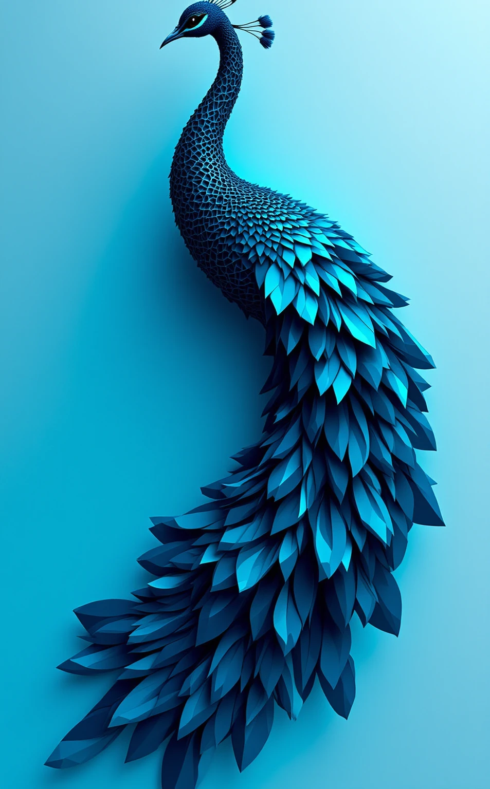 "A Parametric Minimalist interpretation of [Peacock], featuring intricate algorithmic geometries such as fractal tessellations, recursive subdivisions, and parametric equation-derived forms. Render the composition with [Neon Cyan] and [Obsidian Black] in sharp, gradient-free blocks and precise linear accents to evoke digital precision. Balance negative space with geometric density, using sleek metallic or matte surfaces to amplify elegance. The design should feel both futuristic and harmonious, blending mathematical complexity with minimalist restraint."

