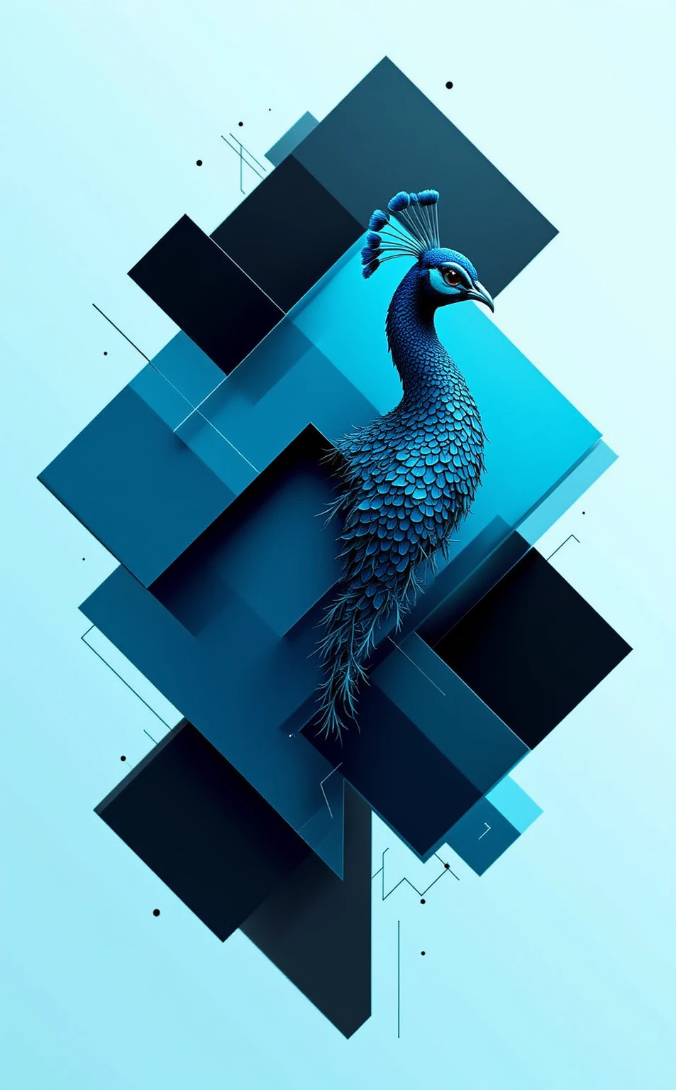 "A Parametric Minimalist interpretation of [Peacock], featuring intricate algorithmic geometries such as fractal tessellations, recursive subdivisions, and parametric equation-derived forms. Render the composition with [Neon Cyan] and [Obsidian Black] in sharp, gradient-free blocks and precise linear accents to evoke digital precision. Balance negative space with geometric density, using sleek metallic or matte surfaces to amplify elegance. The design should feel both futuristic and harmonious, blending mathematical complexity with minimalist restraint."

