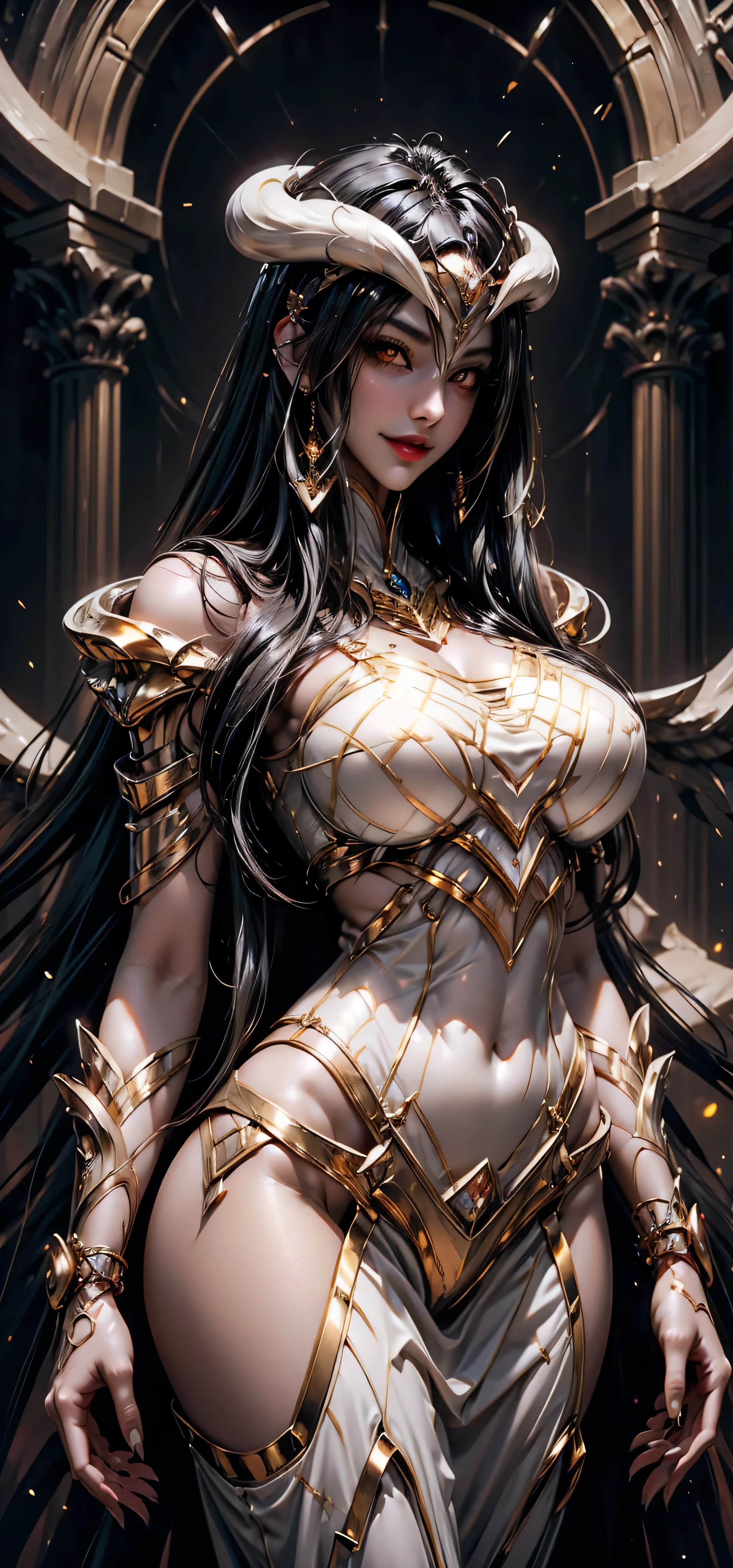 There is an adult European woman , Saint Seiya , Unicorn Cloth, Dark hair, red lips, Eye shadow, natural makeup, long curved hait, beautiful chest, Second Life Avatar, Beautiful screenshot, Second Life, attractive woman, high quality, highly detailed skin, dynamic pose