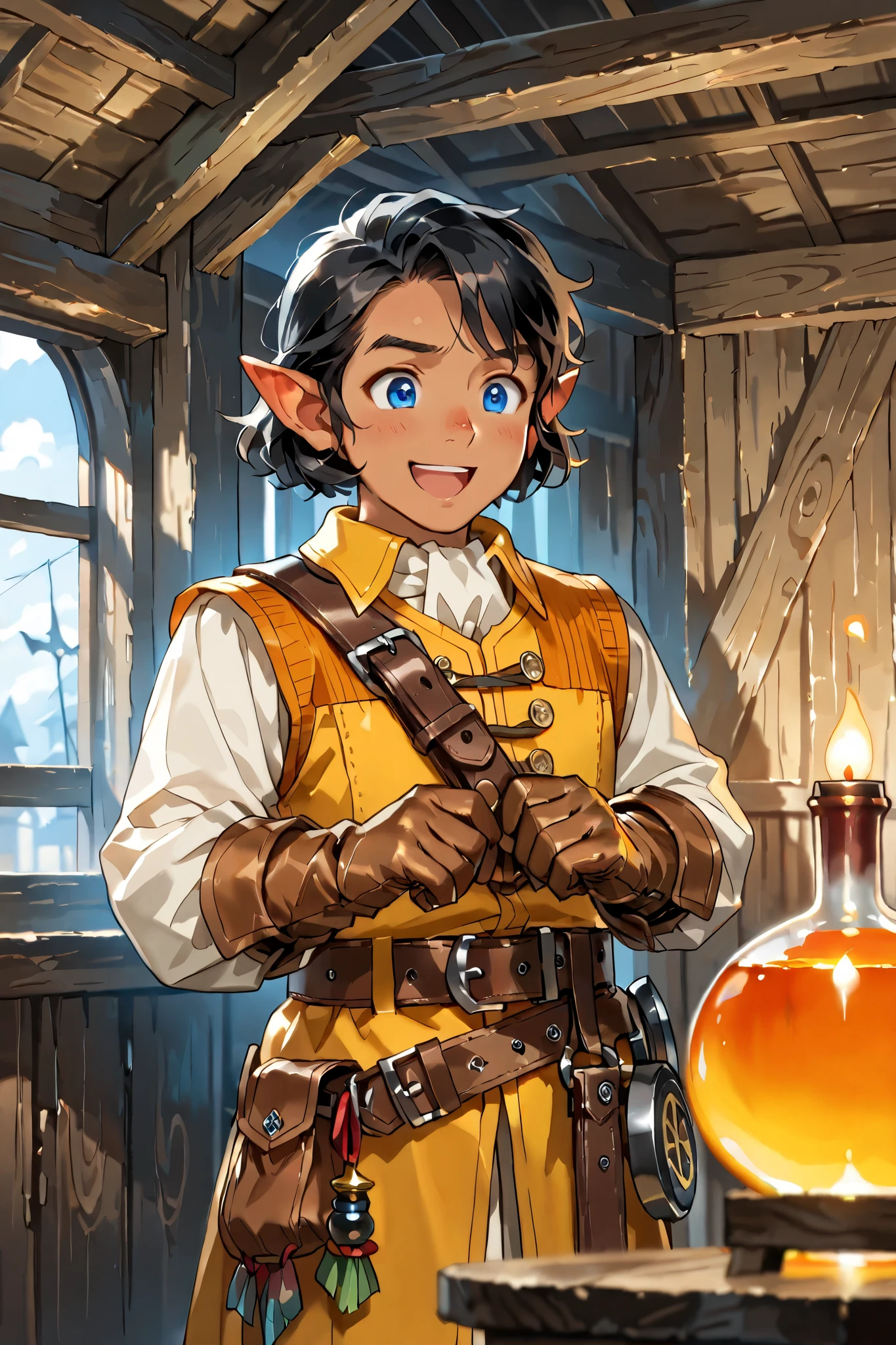 halfling,  (male), tan skin, short stature, curly black hair, blue eyes, ((googles)),wearing a yellow wool vest, brown apron over yellow vest, leather gloves, grey breeches, googles, ((leather belt with potions)), standing in a barn, concacting potions, alchemist, [[determined, confident, excited]], (18th century clothes, pirate era clothing), fantasy art, dungeons and dragons, close up, npcp