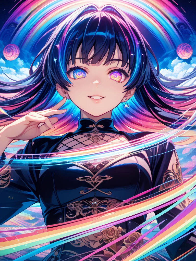 {{masterpiece}}, best quality, extremely detailed CG unity 8k wallpaper, cinematic lighting, lens flare, beautiful detail eyes, black, side glance, multicolor hair, colorful light, particles, heterochromia, (colorful:1.5), (colorful hair:1.5),
