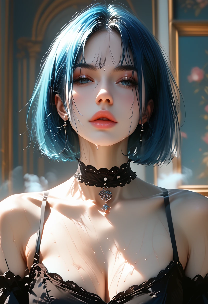 masterpiece, best quality,8K,realistic, High definition, photography, depth of field,HDR, highres, ,(photoshop \(medium\),:1.4) , 1girl,(multicolored hair,white hair:1.4), (short hair:1.2),hair ornament,blue eyes,bare shoulders,cleavage cutout,dress, short sleeves, black gloves, belt,shorts,thigh strap,