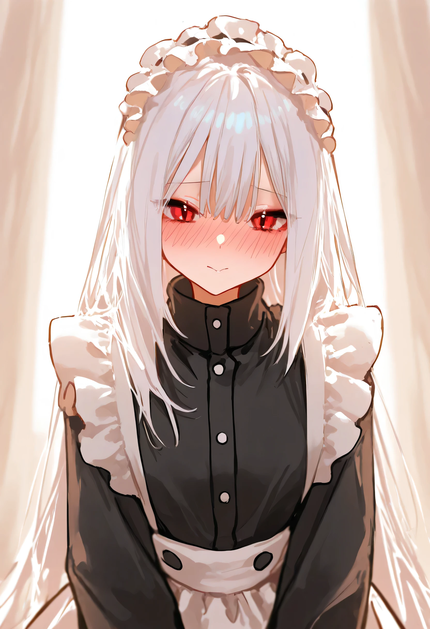 aruhshura, detailed eyes, fluffy white hair, shoulder-length hair, red eyes, maid outfit, blushing, cute expression, looking at viewer, frilly maid headdress, soft lighting, detailed clothing, warm atmosphere