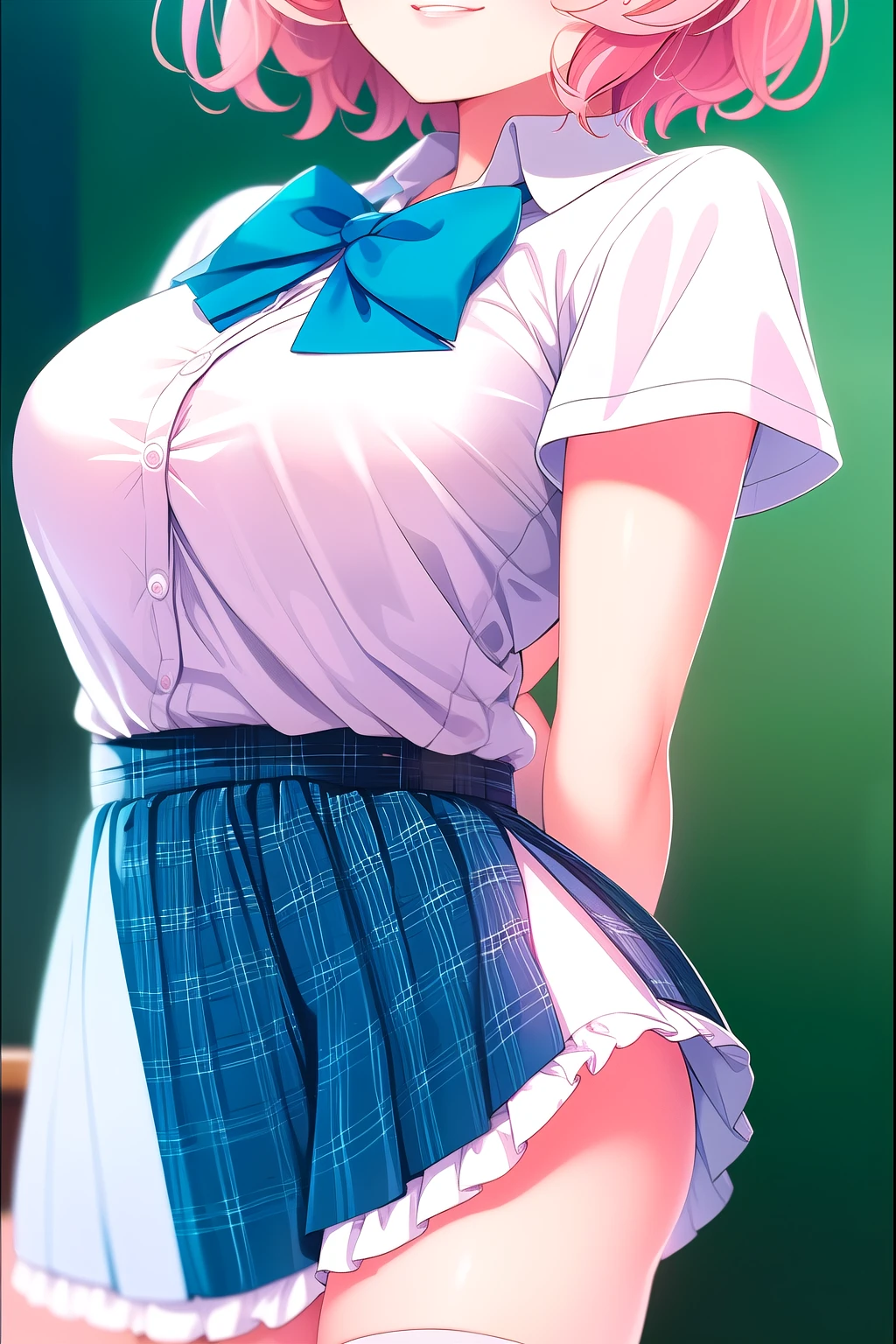 ( masterpiece, Best Quality), very detailed background, perfect lightingBest Quality, (upper body close-up angle:1.4), (arms behind back:1.6), Tomura Michiru, Alone, indoors, school classroom from below, orange hair, (One side up), ( pink hair bobble), hair between eyes, short hair, red eyes, medium boobs, (Blue Bowtie:1.3), white shirt, Short sleeve, blue skirt, plaid skirt、white thin thighs,、white knee socks, Glossy、 school uniform, laugh、blush, pink lips,