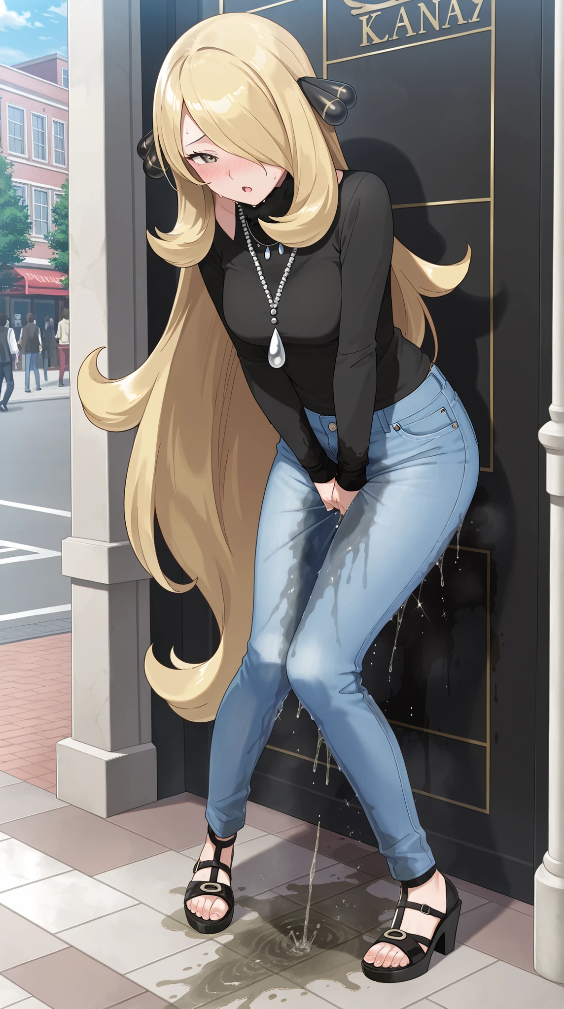 masterpiece, best quality, amazing quality, 1girl, youthful female, cynthia from pokemon, (wetting herself:1.8), desperation, large wet crotch pee stain, pee stain visible on the back of her jeans, Large wet thigh pee stain, Large wet knee pee stain, Large wet shin pee stain, blue denim pants, casual outfit, footwear, medium breast, looking at viewer, :O, outdoor setting, full body, Fashion photography, (anime screencap:1.2)