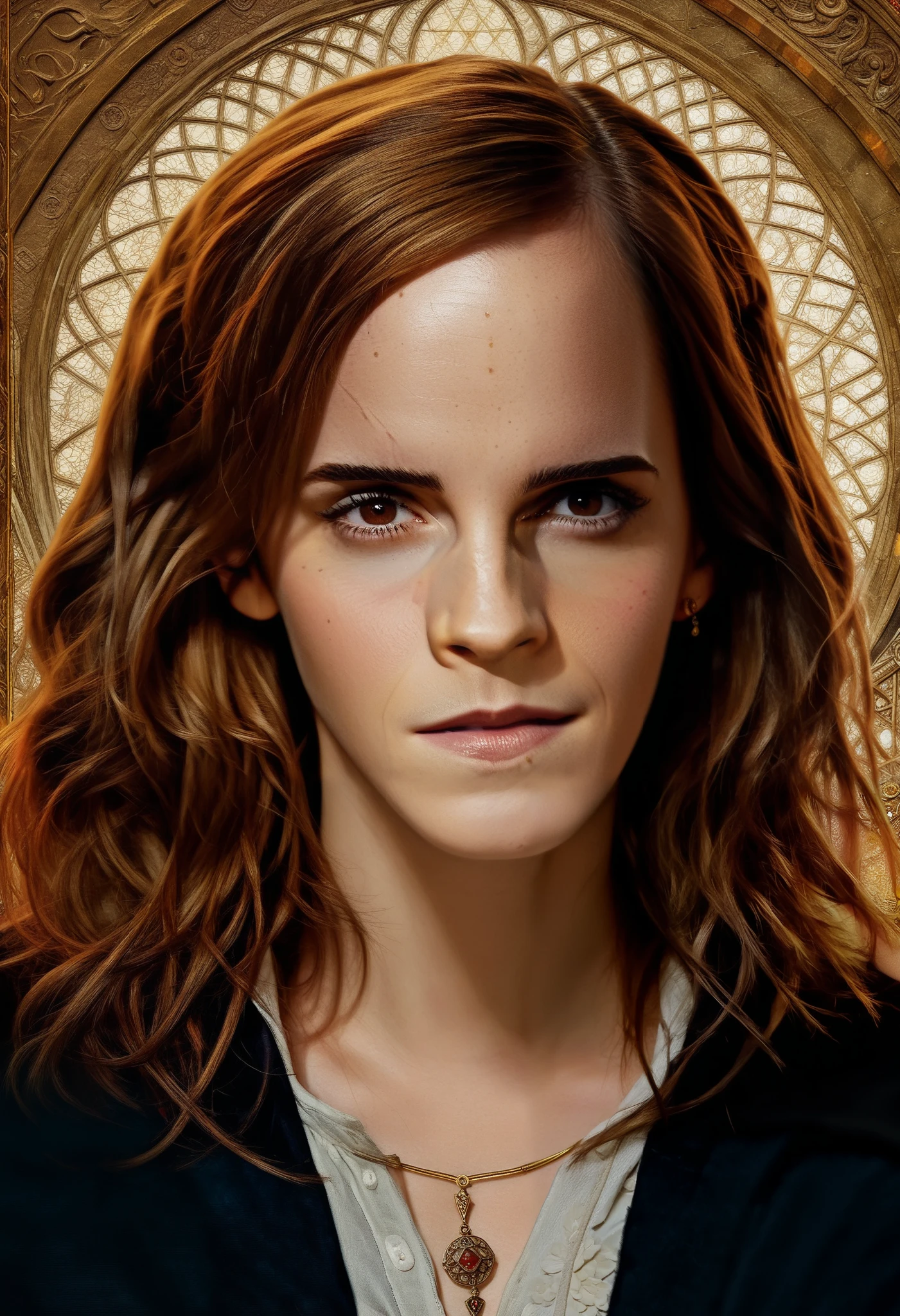 (absurdres, highres, ultra detailed), 1 Female, Brown hair, Brown eyes, Looking at the camera, Emma Watson, Harry Potter, Finely detailed eyes and detailed face, Mysteries \tarot\, bard, clown, Symbolism, Visual art, Occult, Universal, Vision casting, Philosophical, Iconography, Numerology, Popularity, Artistic, Alfons Mucha