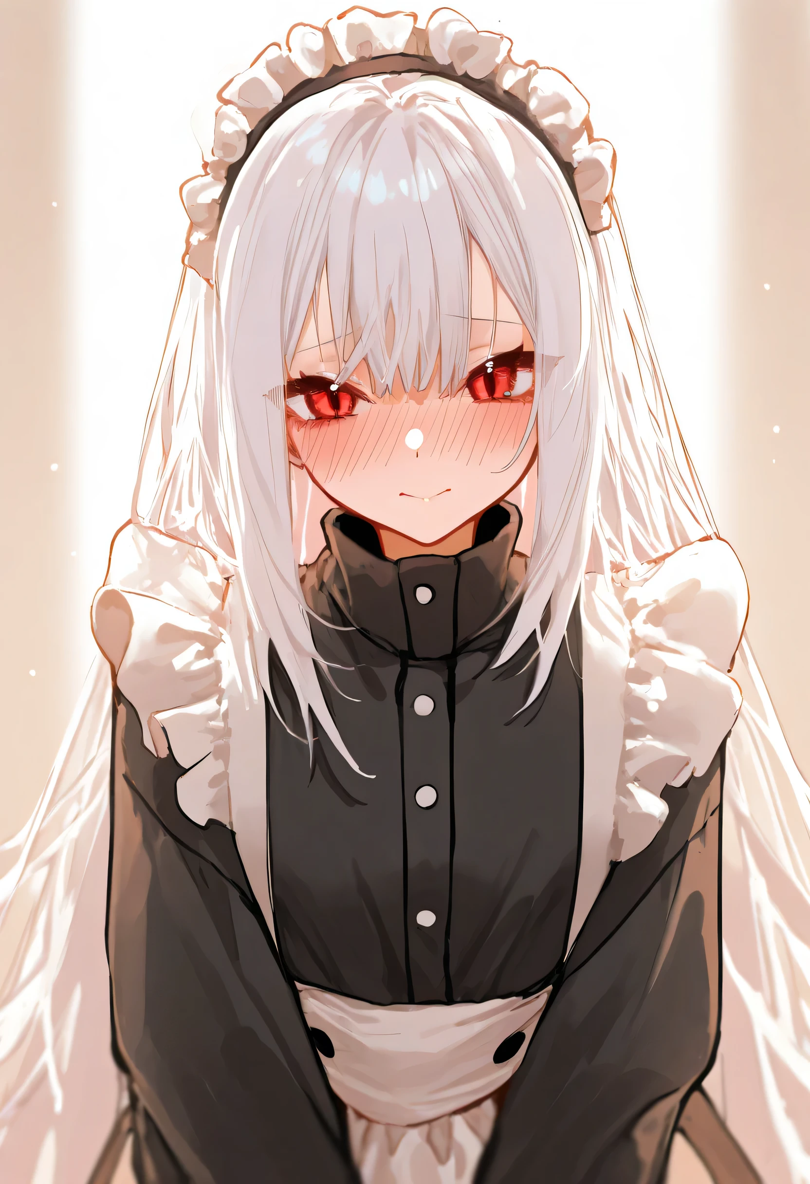 aruhshura, detailed eyes, fluffy white hair, shoulder-length hair, red eyes, maid outfit, blushing, cute expression, looking at viewer, frilly maid headdress, soft lighting, detailed clothing, warm atmosphere