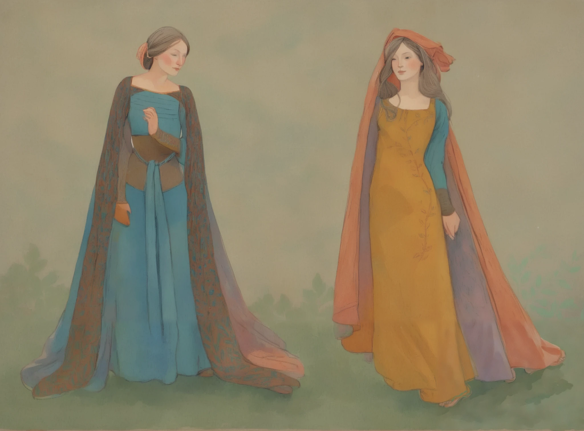 score_9, score_8_up, score_7_up, score_6_up, score_5_up, score_4_up, 1_woman, brow hair, long_hair, wearing a vibrant long peasant medieval dress, detailed clothing, sketches, detailed thick gouache painting, illustration, in gougoupaintleaves style:1.5, 