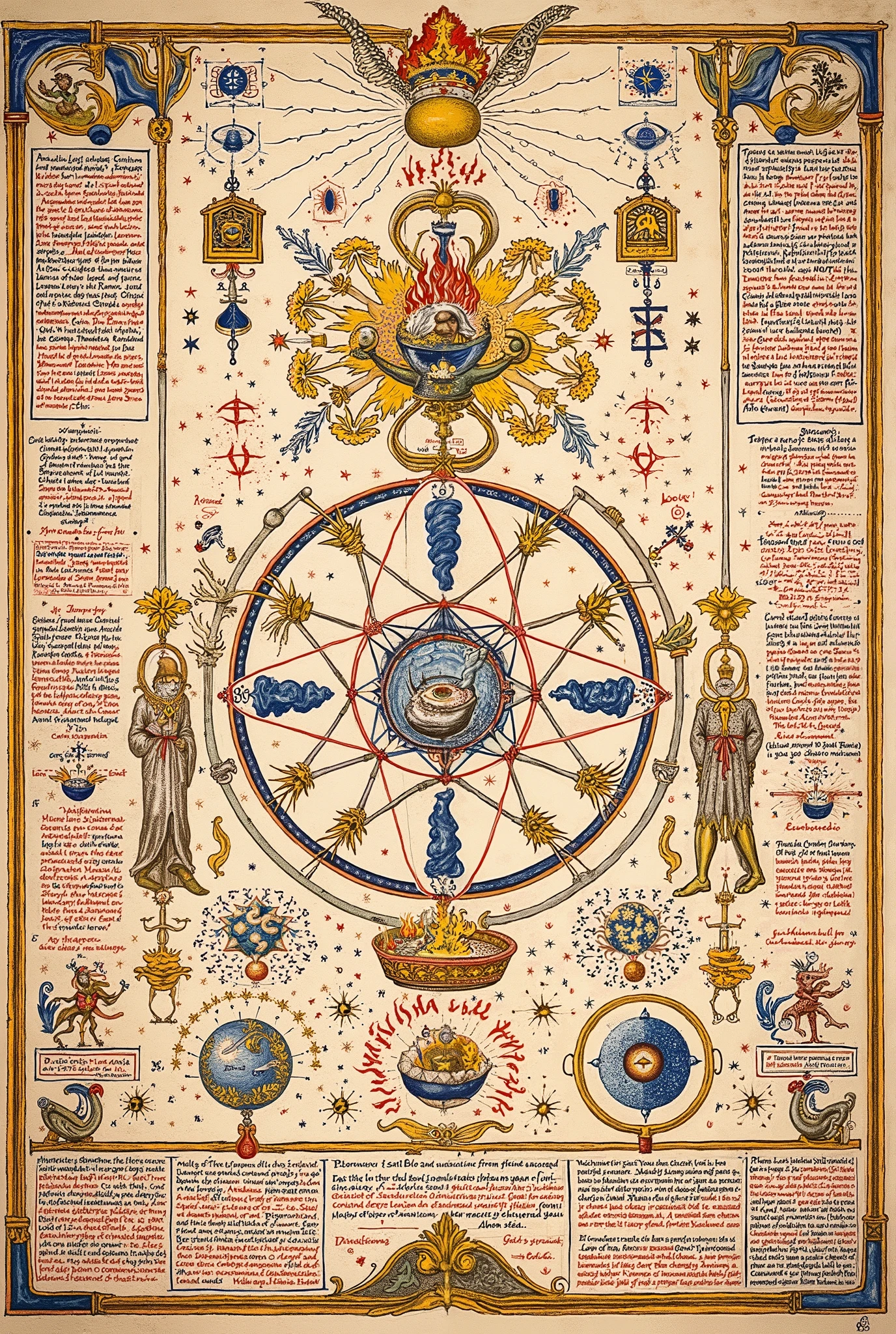 Medieval Illuminated Alchemical manuscript style artwork, colorful ink pen linework, ((textbook manuscript page)) of labelled drawing of Alchemy diagrams