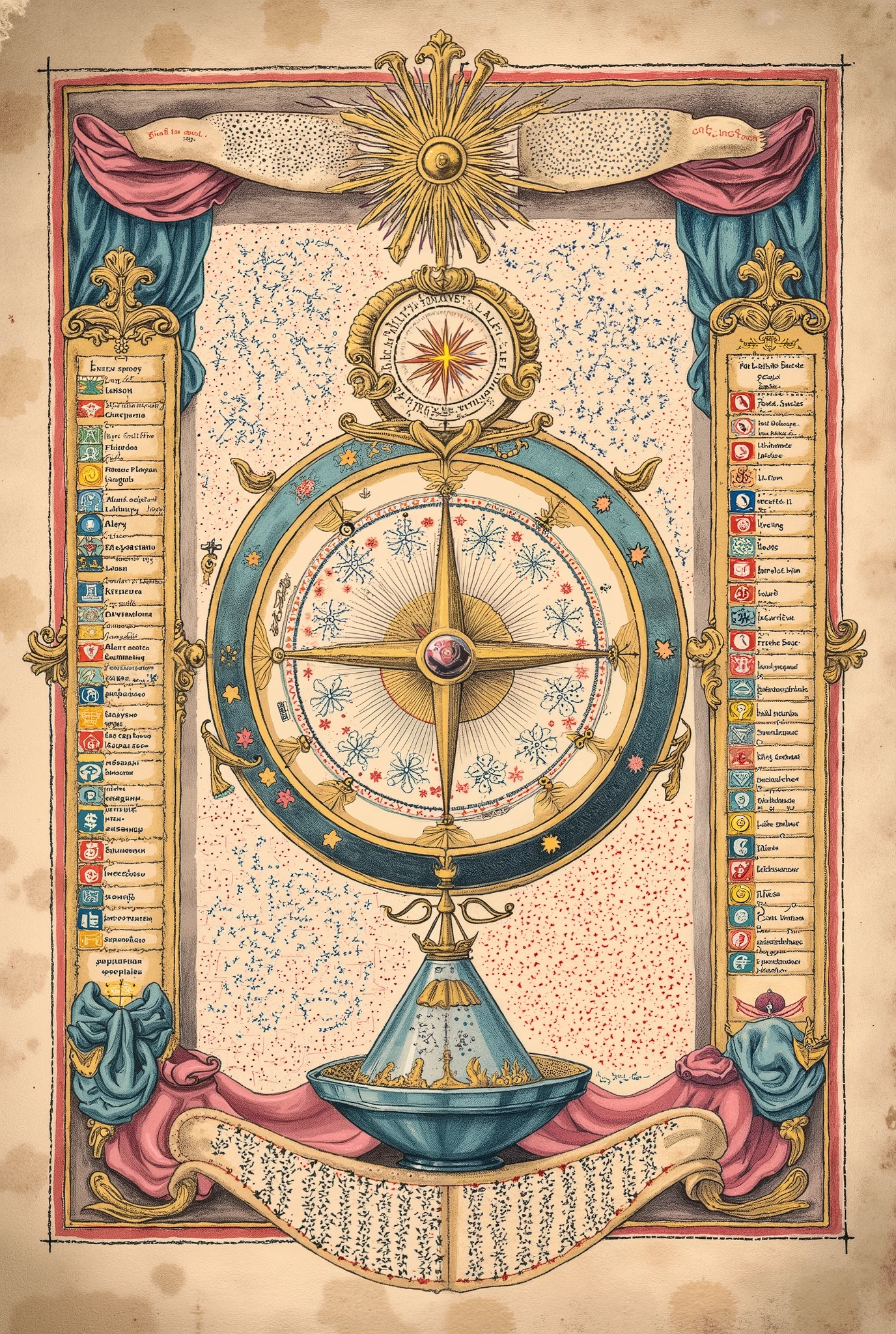 Medieval Illuminated Alchemical manuscript style artwork, colorful ink pen linework, ((textbook manuscript page)) of labelled drawing of Alchemy diagrams