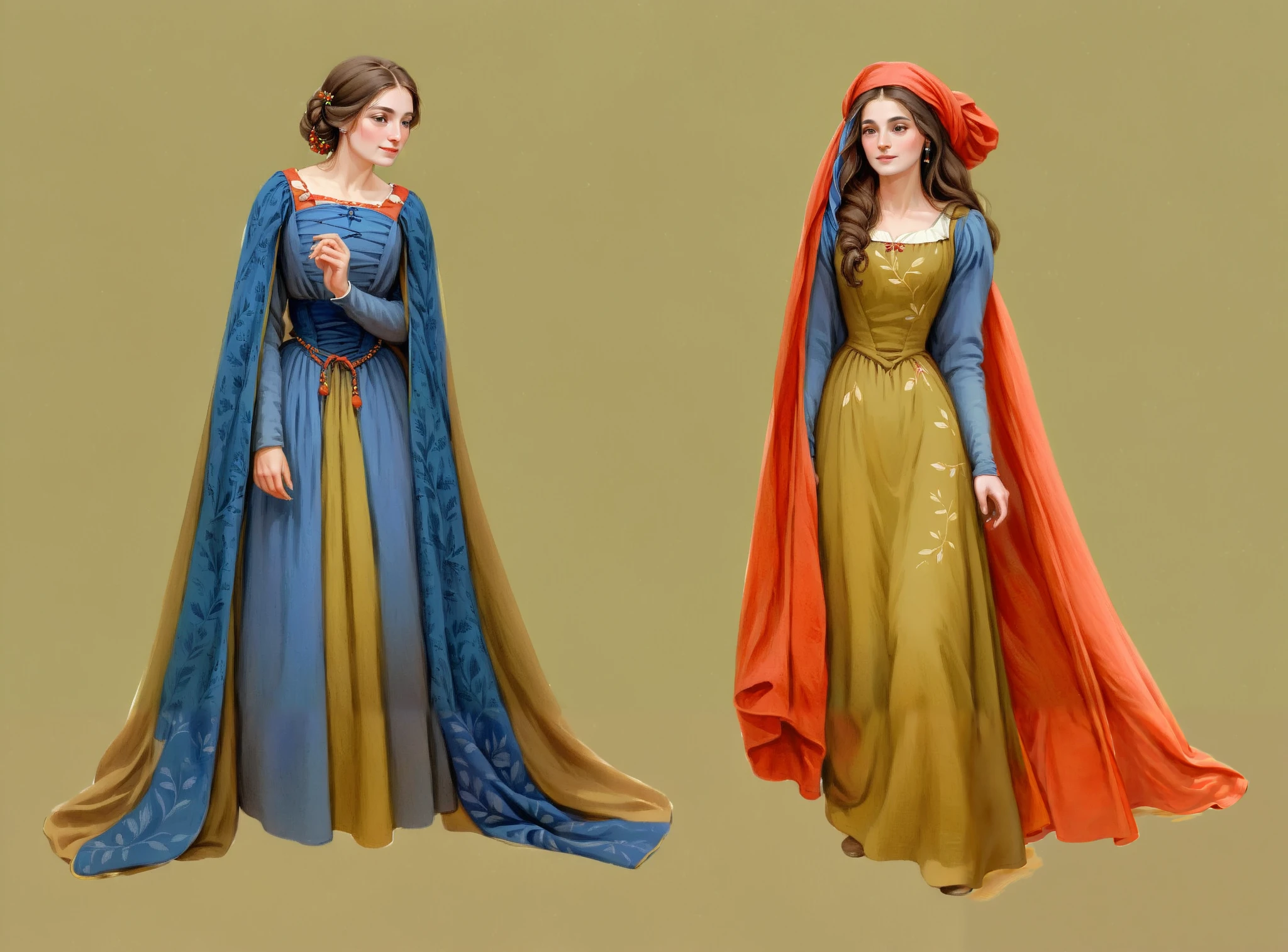 score_9, score_8_up, score_7_up, score_6_up, score_5_up, score_4_up, 1_woman, brow hair, long_hair, wearing a vibrant long peasant medieval dress, detailed clothing, sketches, detailed thick gouache painting, illustration, in gougoupaintleaves style:1.5, 