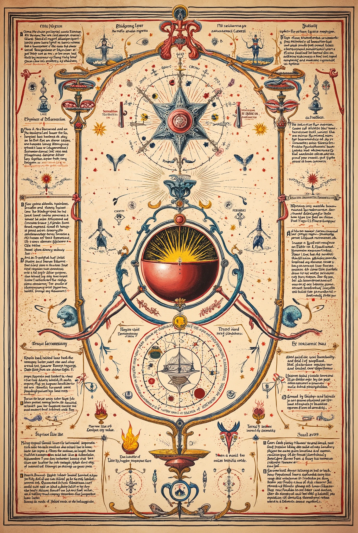 Medieval Illuminated Alchemical manuscript style artwork, colorful ink pen linework, ((textbook manuscript page)) of labelled drawing of Alchemy diagrams