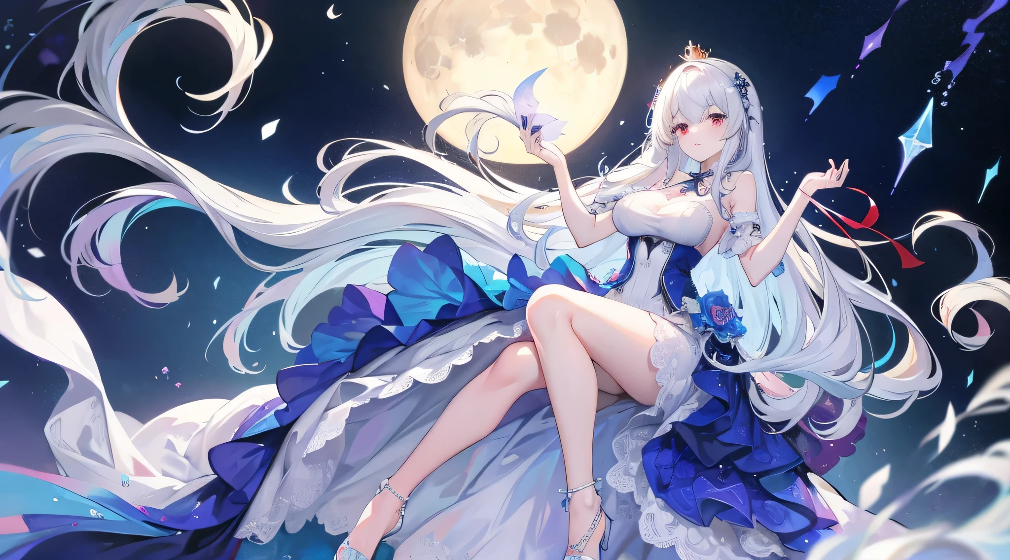 A princess with a delicate and beautiful face, large eyes, and translucent skin is looking up at the moon from a castle, enchantingly dressed in a traditional and glamorous medieval European dress and wearing a large hair ornament. A gentle, warm light surrounds the princess. The background is filled with soft out-of-focus light, and the pale blue and purple tones create a dreamy, serene, and enchanting atmosphere. Fireflies glowing in the moonlit night surround the princess, adding to the magical and ethereal atmosphere. Emphasis on the armpits