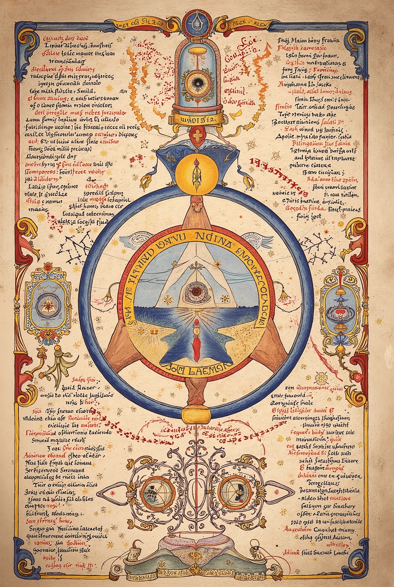 Medieval Illuminated Alchemical manuscript style artwork, colorful ink pen linework, ((textbook manuscript page)) of labelled drawing of Alchemy diagrams 
