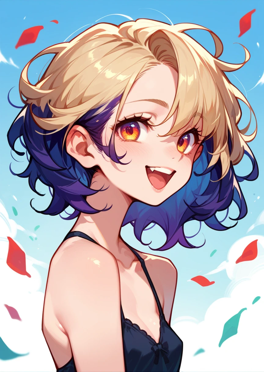 [mina ashido], [Boku no hero academia], ((masterpiece)), ((HD)), ((high res)), ((solo portrait)), ((waist up)), ((detailed shading)), ((cute cartoon aesthetic)), {(athletic figure), (pink skin), (long yellow horns), (cute eyes), (black sclera with yellow iris), (one eye shut), short eyelashes, (long curly hair), (medium breasts), (curvy hips), (beautiful legs), (beautiful feet), (blushing), (cute grin), (excited expression)}, {(turquoise bodysuit with purple spots), (cleavage)}, {(winking at viewer), (looking at viewer)}, [ambient lighting, sun rays]