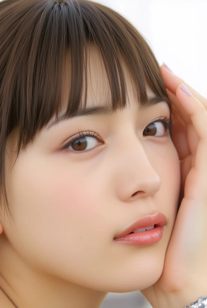 (((Ultra-high resolution、close、Cute Japanese Woman)))、顔のUltra-high resolutionクローズアップ画像を作成してください。
Long, straight black hair frames her face。
So that every single hair is clearly visible、Depicts subtle color changes depending on the amount of light hitting the subject。
The skin is white and smooth、Has a natural glow。
Fine skin texture、Representing the fine details of pores。
amountや頬に薄い赤みがある部分を詳細に。
The eyes are almond-shaped and dark brown.。
Fine details of the iris、Depicts color gradations and patterns。
Long, natural-looking eyelashes, each and every one visible。
Well-groomed eyebrows、indivual々The hair is clearly visible。
Light reflects off into the eyes、Create small highlights。
noseは繊細で、nose孔の細かいディテールがある。
Lips are plump and naturally pink。
Depicts the fine lines and soft curves of the lips。
Shiny、Accentuate the shape。
Detailed depiction of lip texture。
Particular attention to the depiction of light and shadow。
Soft natural light gently illuminates the face from the front。
amount、nose、Creates a subtle glow on the cheeks。
Shadows are cast softly along the contours of the face、cheekbone、Jaw Curve、noseの側面を強調。
The gloss of her lips reflects the light faintly.、Emphasizes plump texture。
The shadow of the hair adds depth and dimension.、indivual々The hair shines in the light。
The background is simple and blurred.、Focus on the face。
In the highest quality、Representing the utmost detail。
Negative prompts:
Noisy Images、Low resolution、Avoid blurry detaily hair is messy、Avoid unnatural hair textures。
Skin is unnaturally smooth、Avoid overly processed skin images。
Pores are invisible、Avoid products that have lost their skin texture。
Flat iris、Avoid those that lack detailed information。
short lashes、Avoid unnaturally thin eyebrows。
Light reflects off into the eyesていない、Avoid those with expressionless eyes。
noseのディテールが欠けているものは避ける。
Dry lips、Avoid unnatural colors。
Lip texture is not visible、Avoid non-shiny items。
Poor balance of light and shadow、Avoid evenly lit faces。
amount、nose、Avoid products that don't have a glow on your cheeks.。
cheekboneやJaw Curveが強調されていないものは避ける。
The shadow of the hair is shallow、Avoid things that lack volume。
The background is complicated、Avoid images where the face is not in focus。