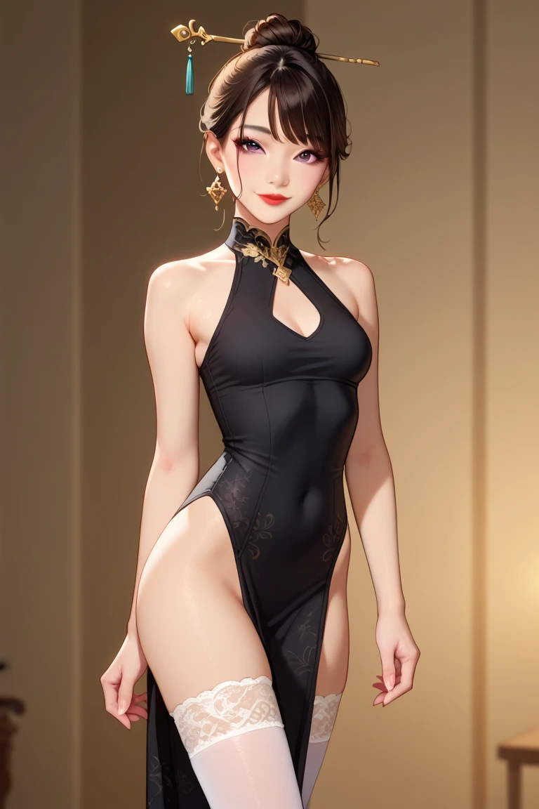 tsuruta ichiro, Narrow-eyed, 1girl in, Allback、deadpan、short-hair、shorth hair、brow、Reluctance、A dark-haired、Tucked Hair Solo, Cowgirl, Onepiece, ((mideum breasts)), Thin slit eyes、Black eyes, Light shines on the eyes、Black hair, gloves, Dress, Luxurious Jewelry, earrings, sharp eye、 elbow groves,Raise your hands and tie your hair back, random color, random color dress, Makeup for long eyes, Slender eyes、lip stick, Complex petal pattern, Rim Light, Back Light, pastel color,Studio Lighting