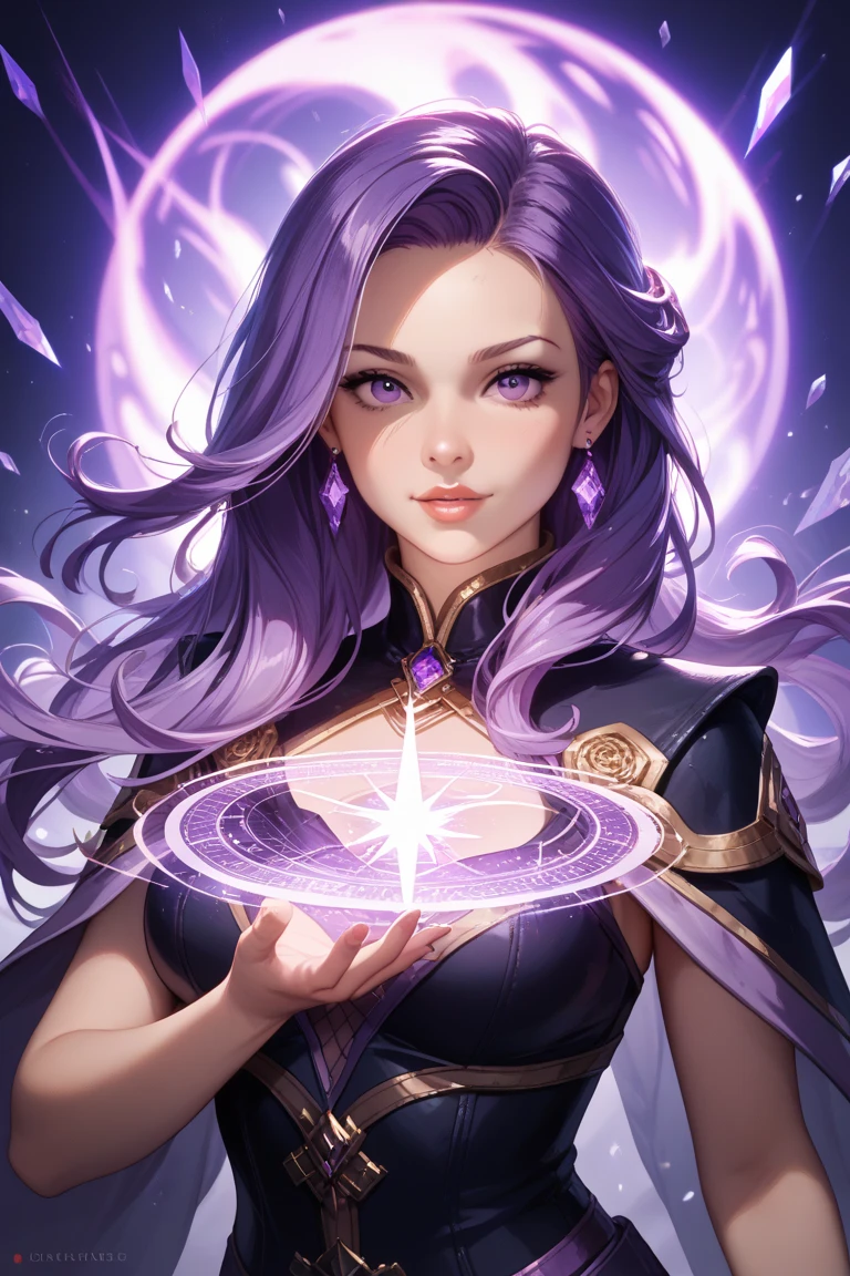 Fantasy, woman, blue eyes, purple hair, mage suit