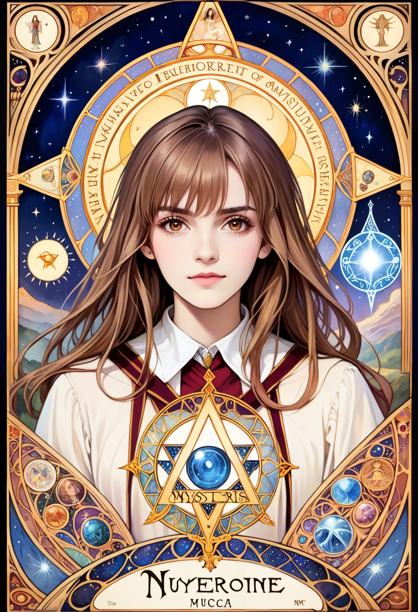 (absurdres, highres, ultra detailed), 1 Female, Brown hair, Brown eyes, Looking at the camera, Hermione Granger, Harry Potter, Finely detailed eyes and detailed face, Mysteries \tarot\, Symbolism, Occult, Universal, Vision casting, Philosophical, Iconography, Numerology, Popularity, Artistic, Alfons Mucha