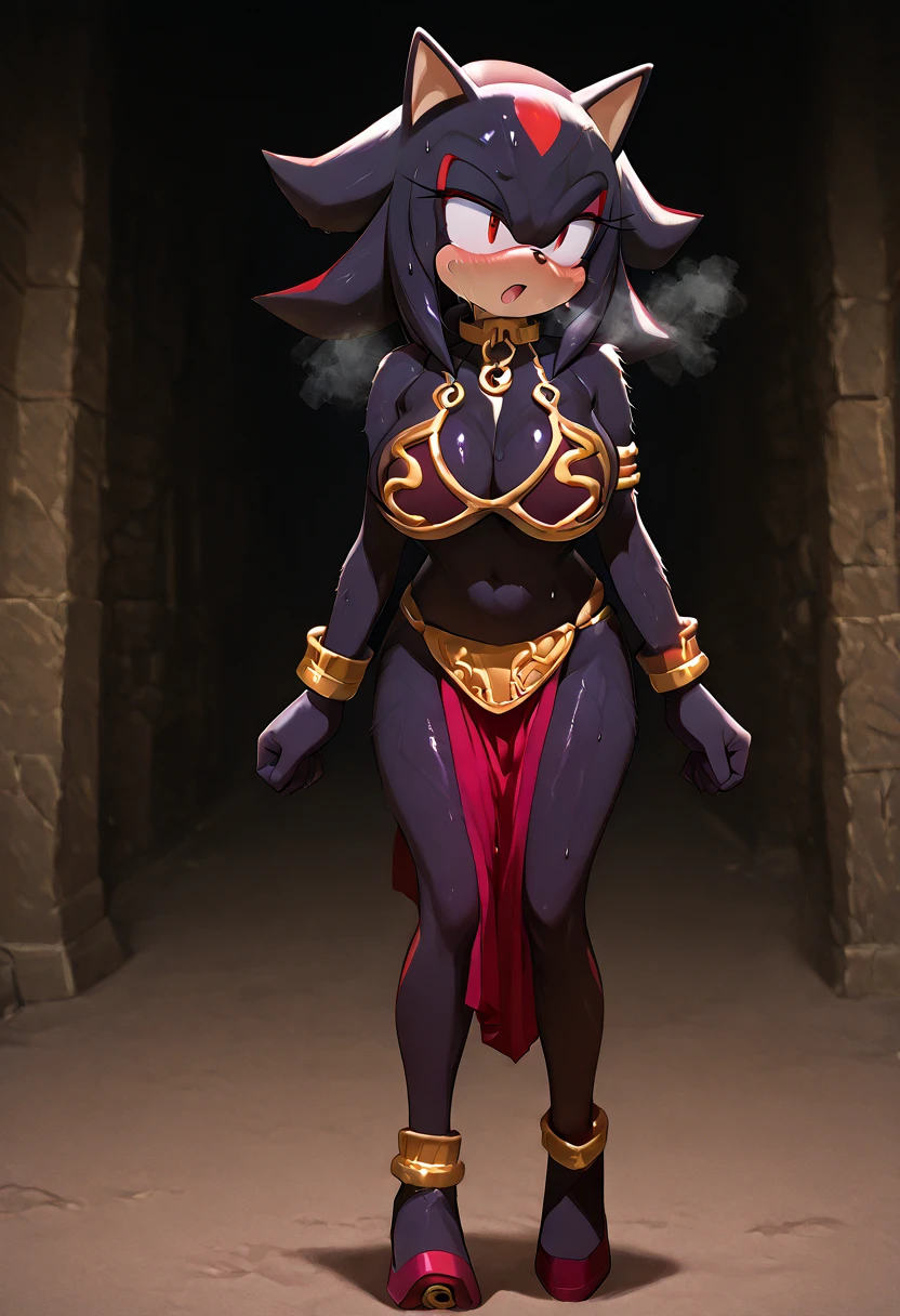 black hair, wide hips, evil smile, chubby, tall woman, very large breasts, tall, large, a long black hair, a black kimono with a blue circle made of stars to the left of the chest, two purple eyes with cat pupils that glow in the darkness, a metallic scorpion tail with a large stinger at the end, long black shorts that go up to the knee,   light purple high boots and two black deer antlers on the head