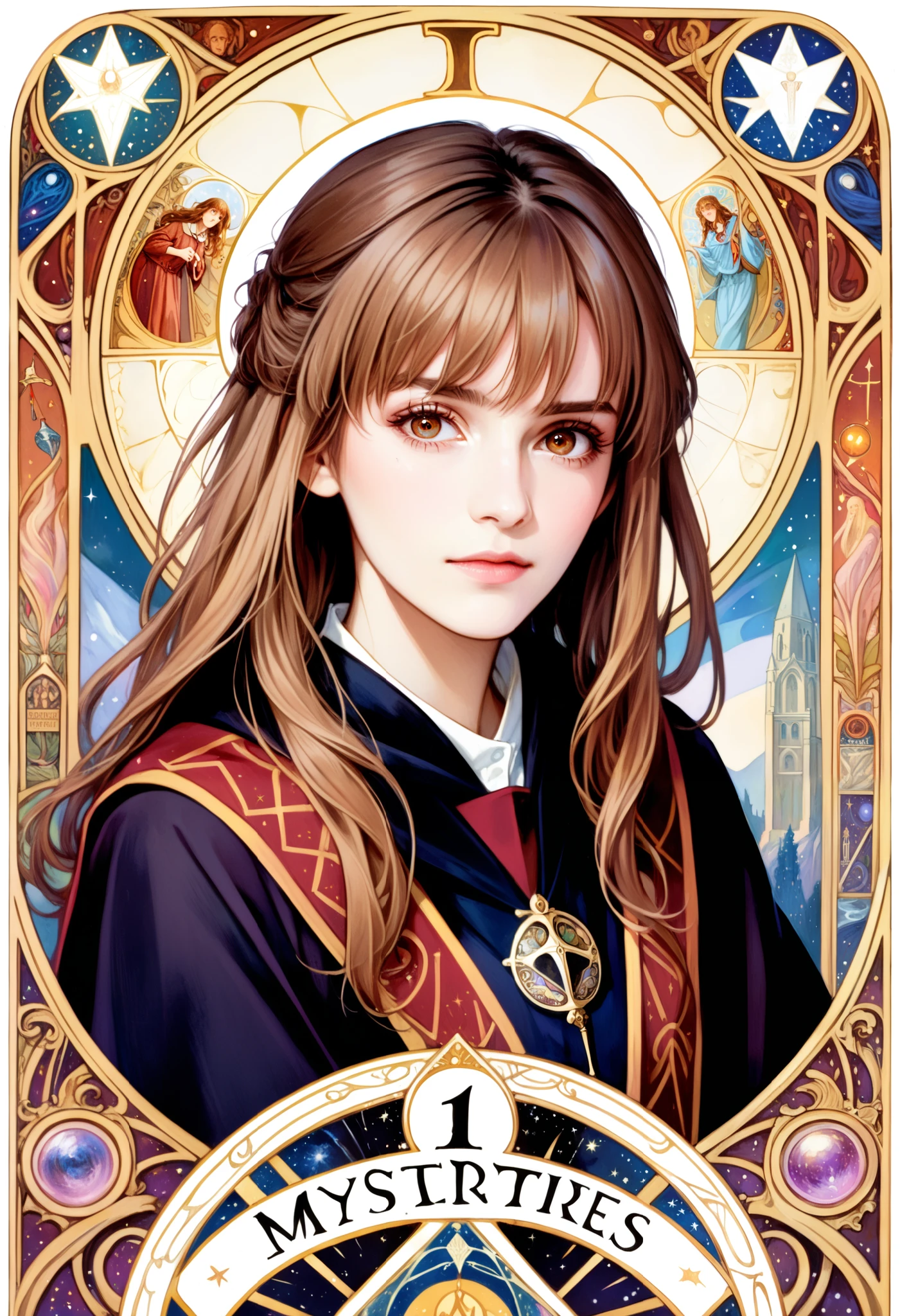 (absurdres, highres, ultra detailed), 1 Female, Brown hair, Brown eyes, Looking at the camera, Hermione Granger, Harry Potter, Finely detailed eyes and detailed face, Mysteries \tarot\, Symbolism, Occult, Universal, Philosophical, Iconography, Numerology, Popularity, Artistic, Alfons Mucha