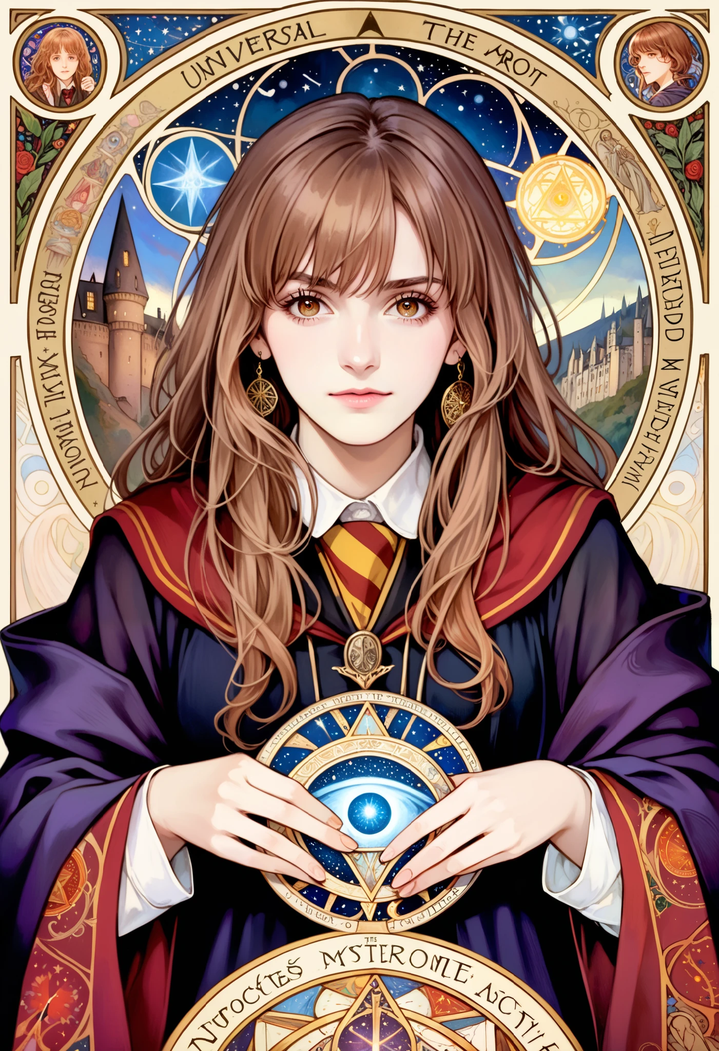 (absurdres, highres, ultra detailed), 1 Female, Brown hair, Brown eyes, Looking at the camera, Hermione Granger, Harry Potter, Finely detailed eyes and detailed face, Mysteries \tarot\, Symbolism, Occult, Universal, Philosophical, Iconography, Numerology, Popularity, Artistic, Alfons Mucha