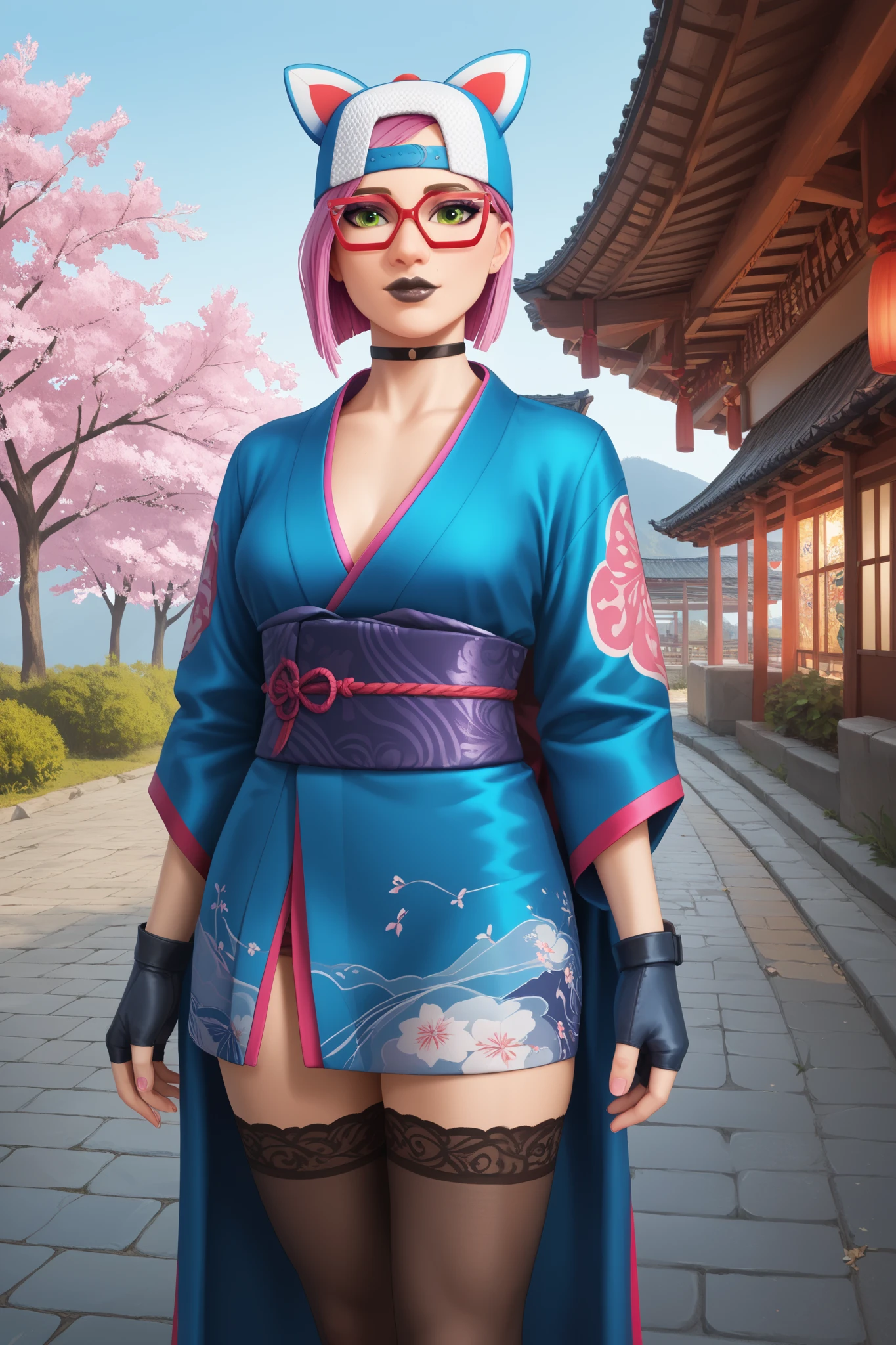 girl (masterpiece),choker,black lips,cap,fingerless gloves,evening,Outside, Japanese landscape (only)KIMONO,black thigh high stockings,beautiful green eyes,short pink hair,glasses