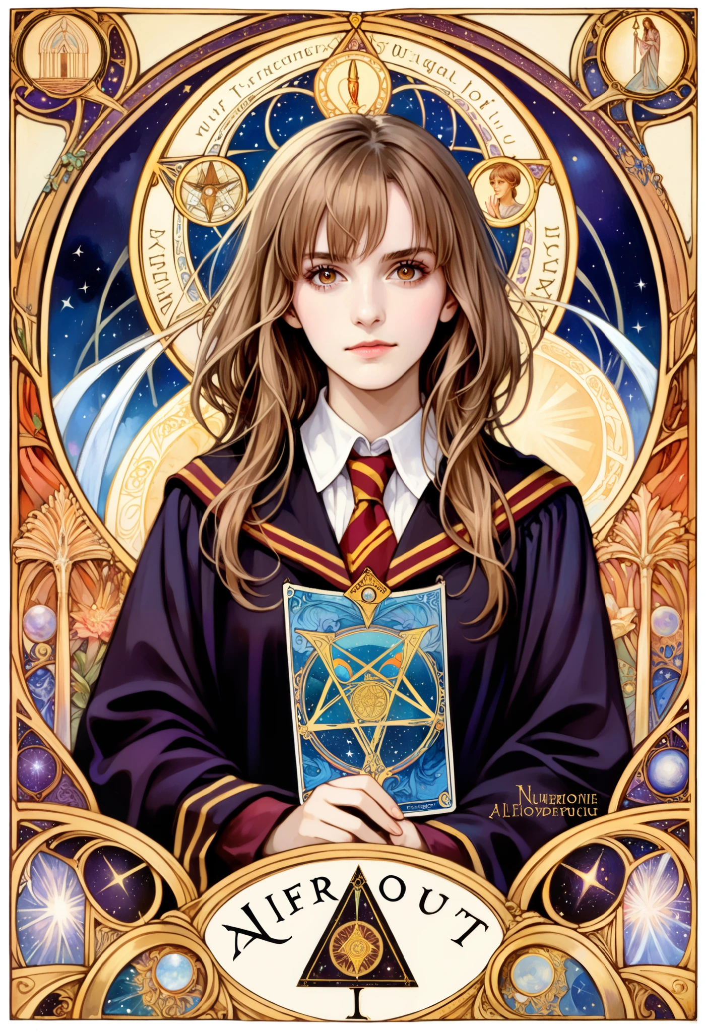 (absurdres, highres, ultra detailed), 1 Female, Brown hair, Brown eyes, Looking at the camera, Hermione Granger, Harry Potter, Finely detailed eyes and detailed face, \tarot\, Symbolism, Occult, Universal, Philosophical, Iconography, Numerology, Popularity, Artistic, Alfons Mucha