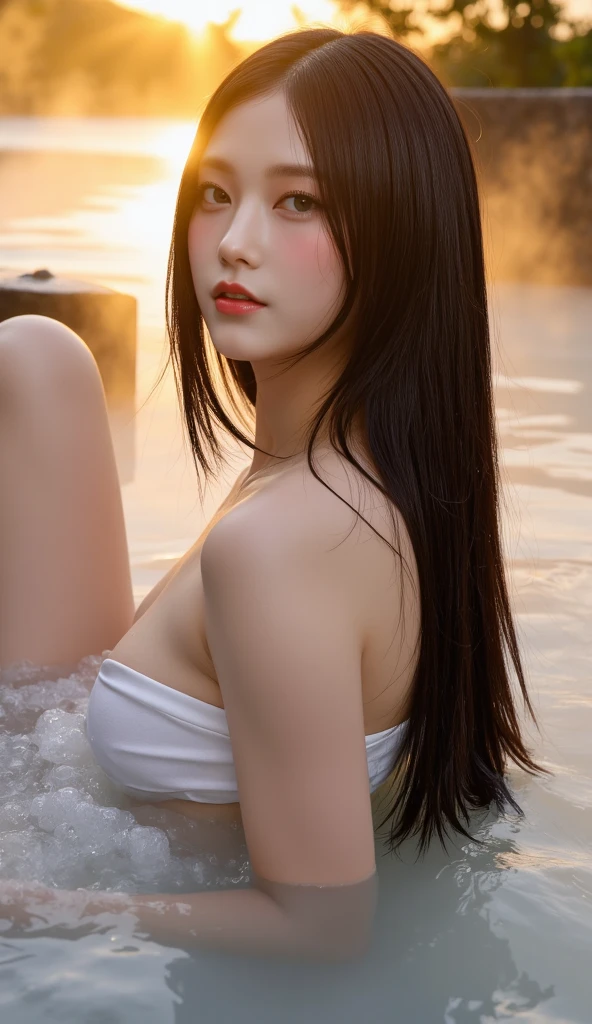 Beautiful woman with perfect body:1.4,Layered Hairstyle,Prominent cleavage:1.5,Highly detailed face and skin textures,Double eyelids,Skin Whitening,Long hair,Whitened long legs,(wet hair:1.2)